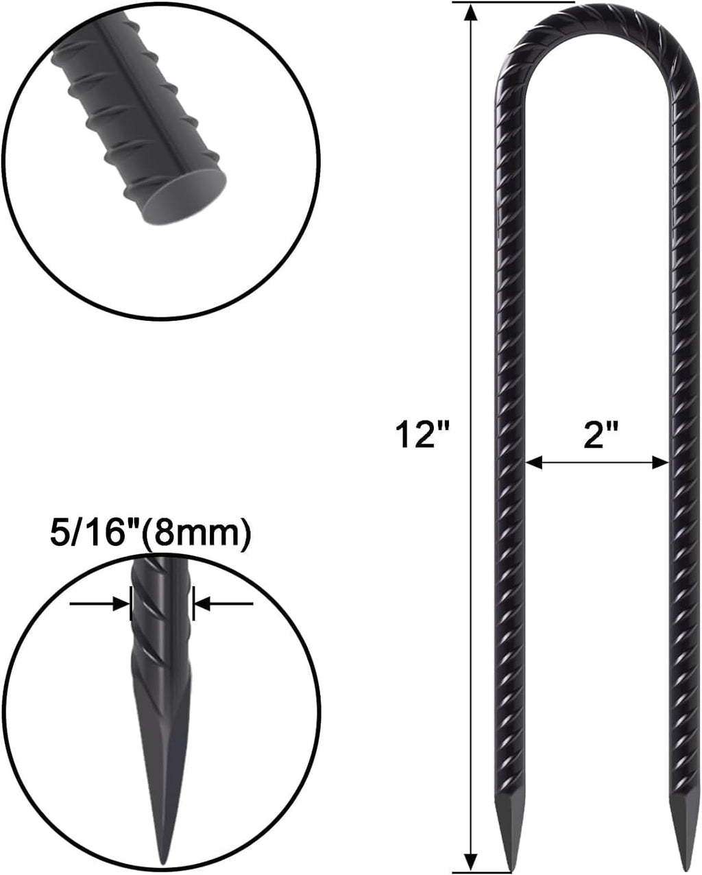 MySit 12 Inches Trampoline Wind Stakes Set of 8 Heavy Duty U Stakes Ground Tie Down Anchor Kit for Camping Tents, Swing Set and Soccer Goal Galvanized Steel Anchors Black