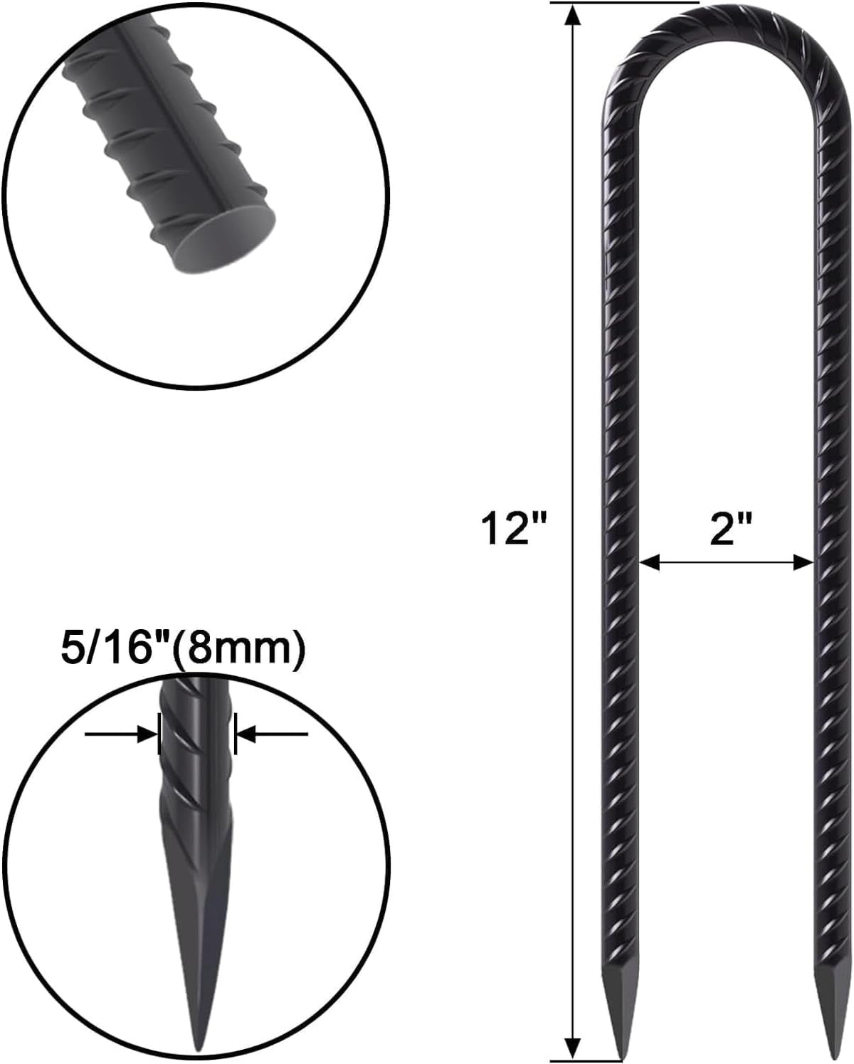 MySit 12 Inches Trampoline Wind Stakes Set of 8 Heavy Duty U Stakes Ground Tie Down Anchor Kit for Camping Tents, Swing Set and Soccer Goal Galvanized Steel Anchors Black
