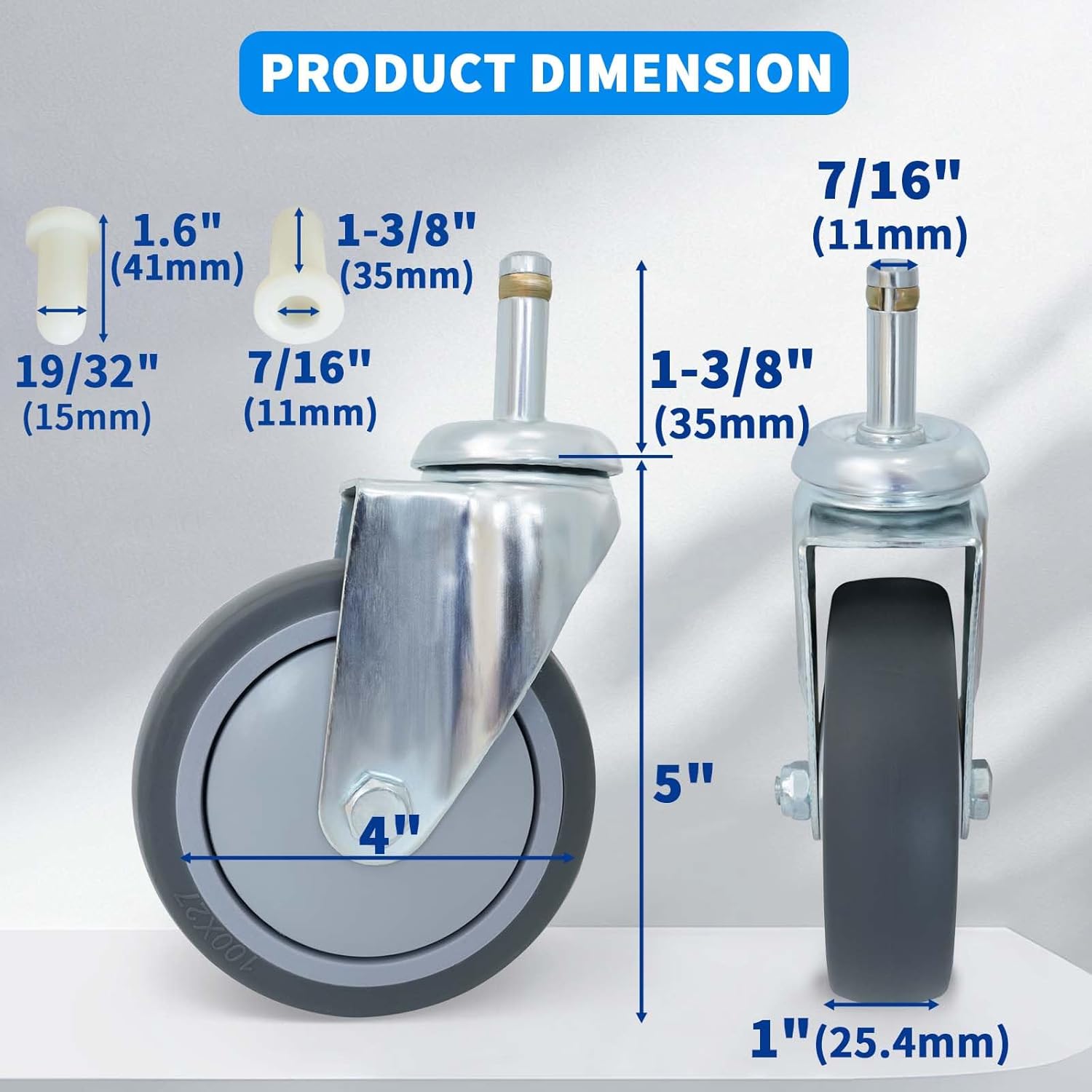 MySit 2/3/4-Inch Replacement Caster Wheel | 7/16" x 1-3/8" Stem | Fits Rubbermaid, Weber, Shop-Vac | Pack of 4