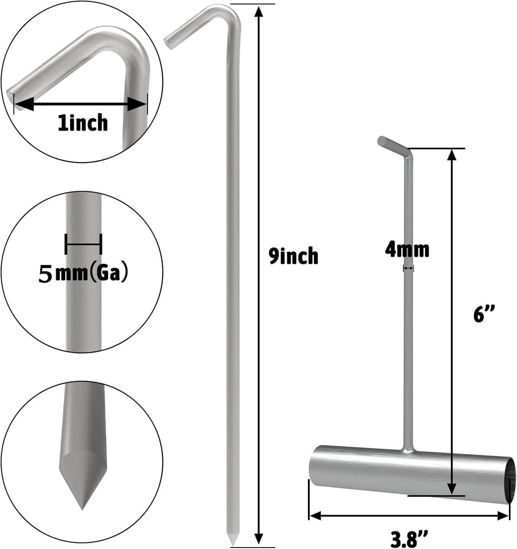 MySit 9 Inch Tent Stakes 25 Pack Galvanized Metal Tent Pegs with Pull Tool, Heavy Duty Steel Yard Camping Stakes Tarp Hooks for Canopies, Tarp, Outdoor Christmas Decorations ﻿