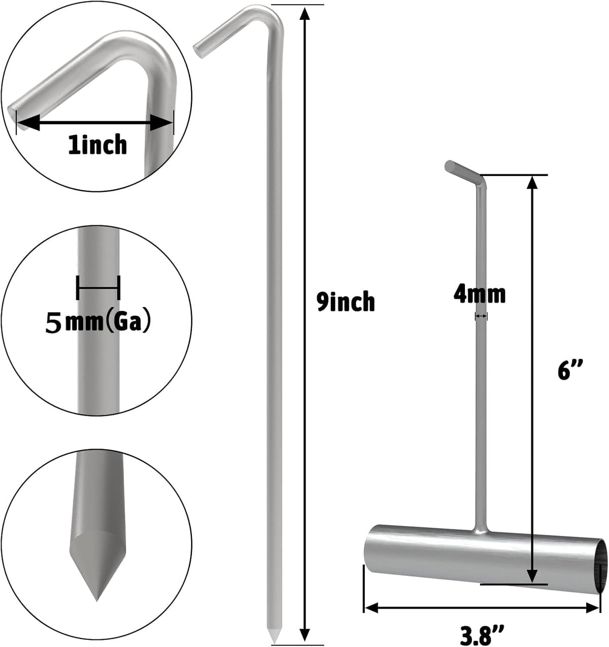 MySit 9 Inch Tent Stakes 25 Pack Galvanized Metal Tent Pegs with Pull Tool, Heavy Duty Steel Yard Camping Stakes Tarp Hooks for Canopies, Tarp, Outdoor Christmas Decorations ﻿