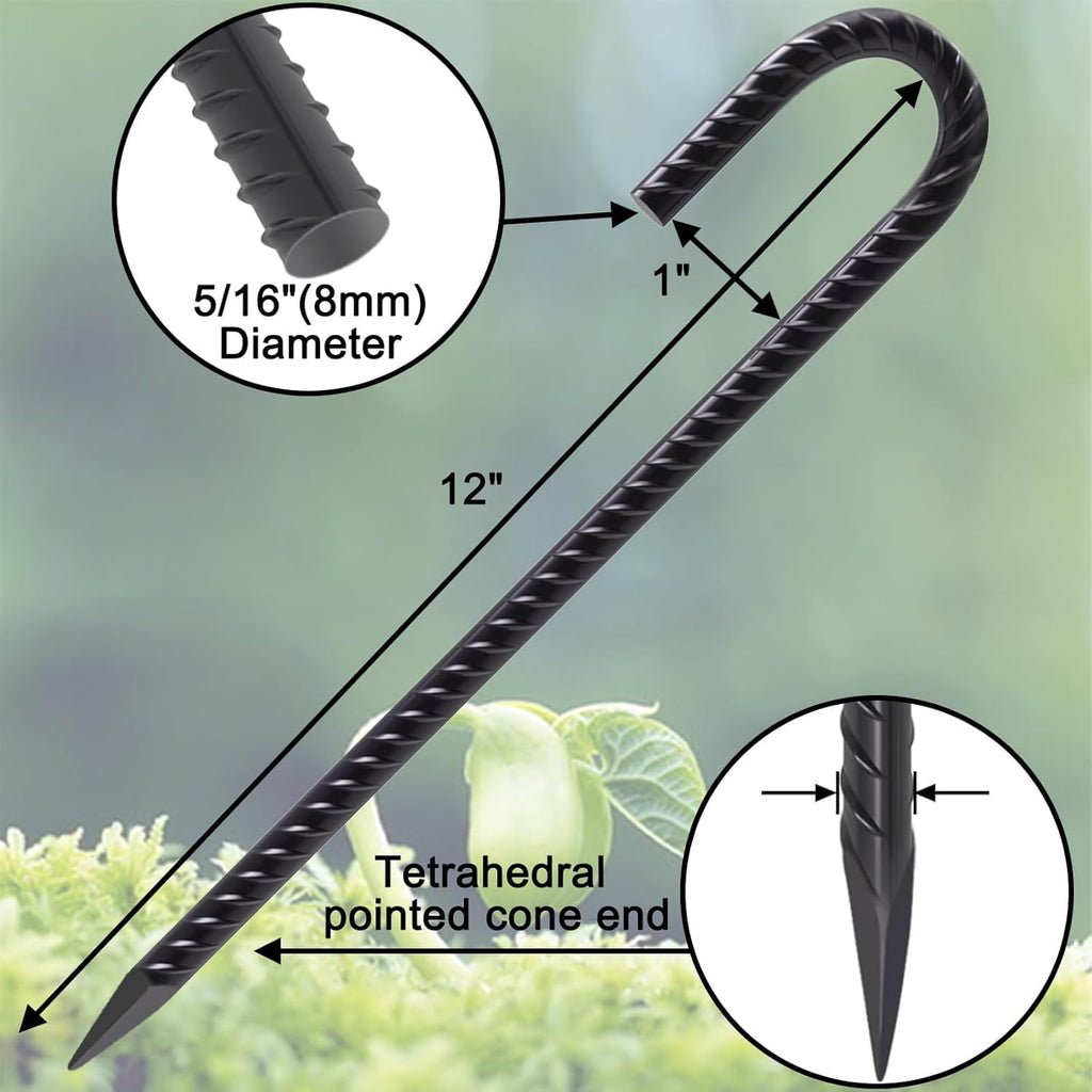 MySit 12 Inch Multi-Purpose Rebar J Hook Ground Stakes 8 Pack Heavy Duty Galvanized Steel Tent Stakes, Metal Ground Anchors for Landscape, Fences, Garden, Campground, Black