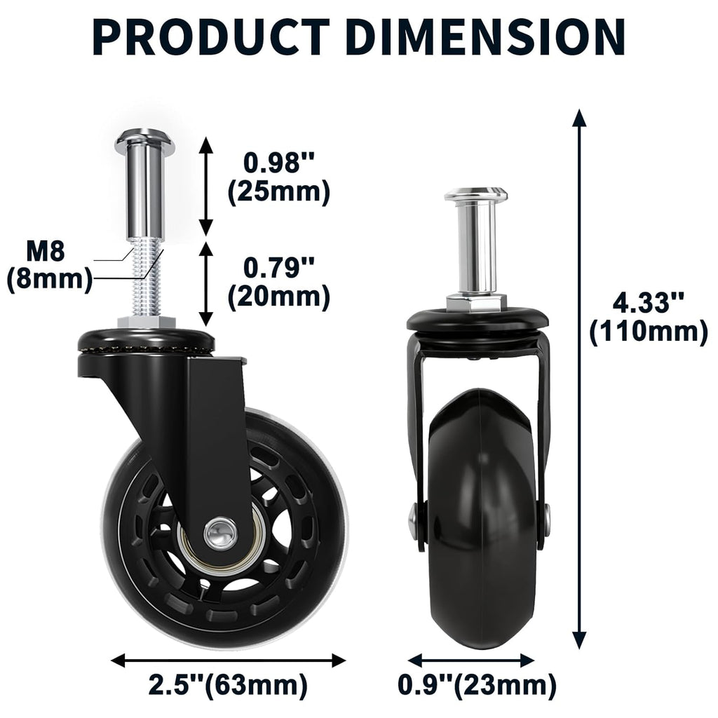 MySit Creeper Caster Wheels Set of 6 Heavy-Duty 2.5 Inch Casters Replacement Roller Blade Rubber 360 Degree No Noise Wheel for Mechanic Stool, Rolling Garage Seat
