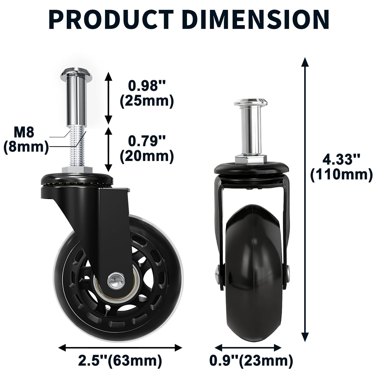 MySit Creeper Caster Wheels Set of 6 Heavy-Duty 2.5 Inch Casters Replacement Roller Blade Rubber 360 Degree No Noise Wheel for Mechanic Stool, Rolling Garage Seat