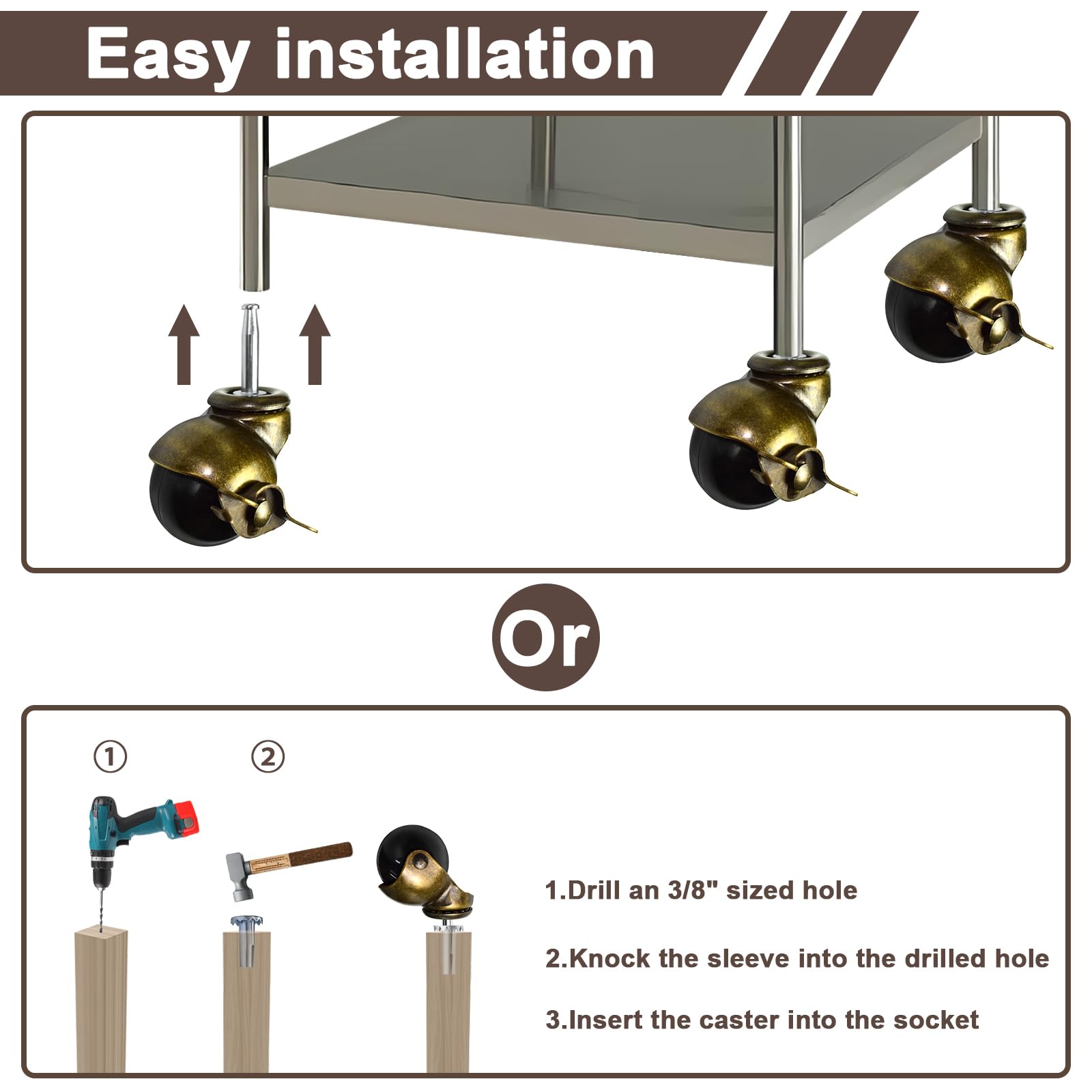 Premium Furniture Casters with Locking Brakes - Set of 4 Heavy-Duty 2" Brass Ball Casters for Sofas, Chairs & Cabinets