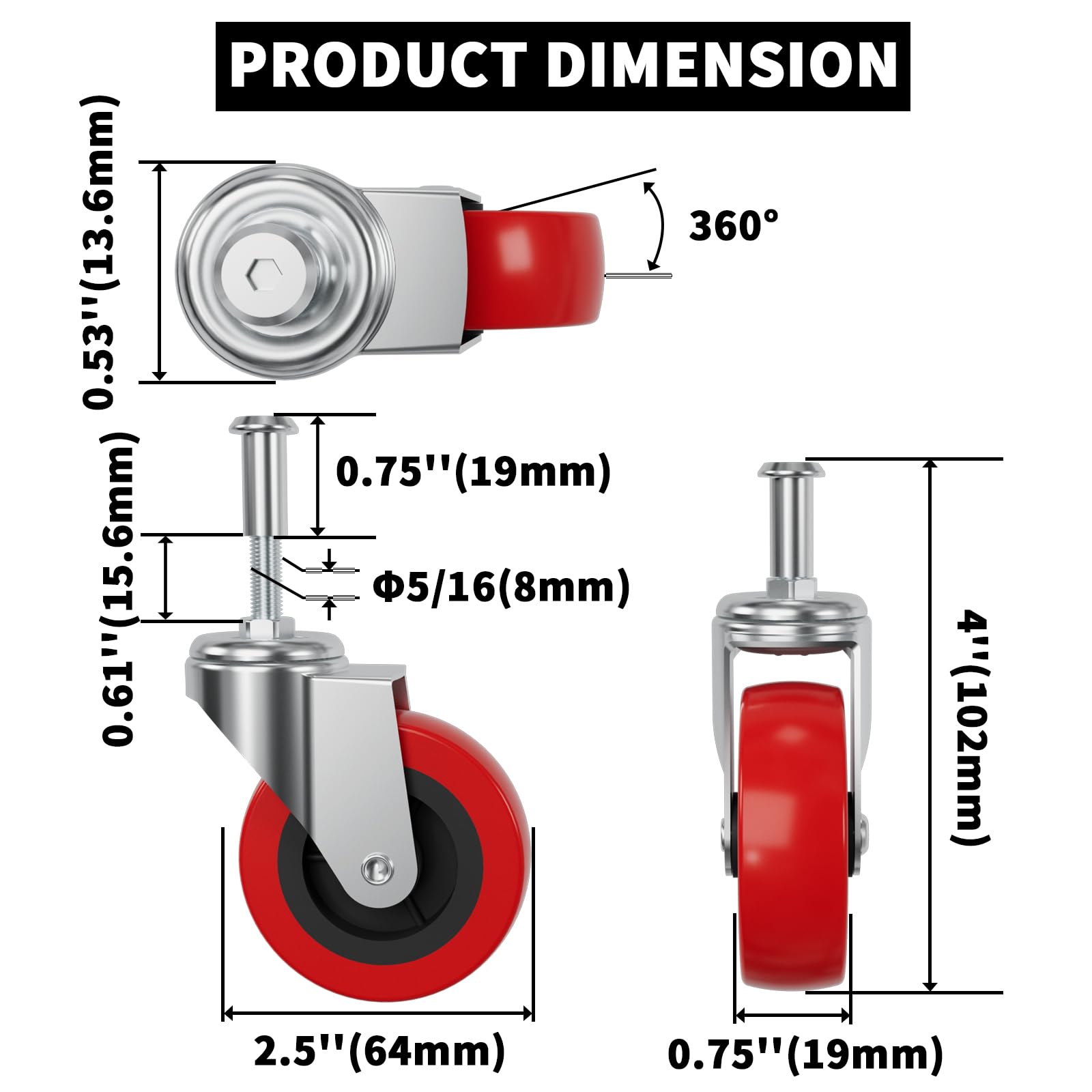 Heavy-Duty Threaded Stem Caster Wheels | 2.5" Replacement for Mechanic Creeper & Service Carts