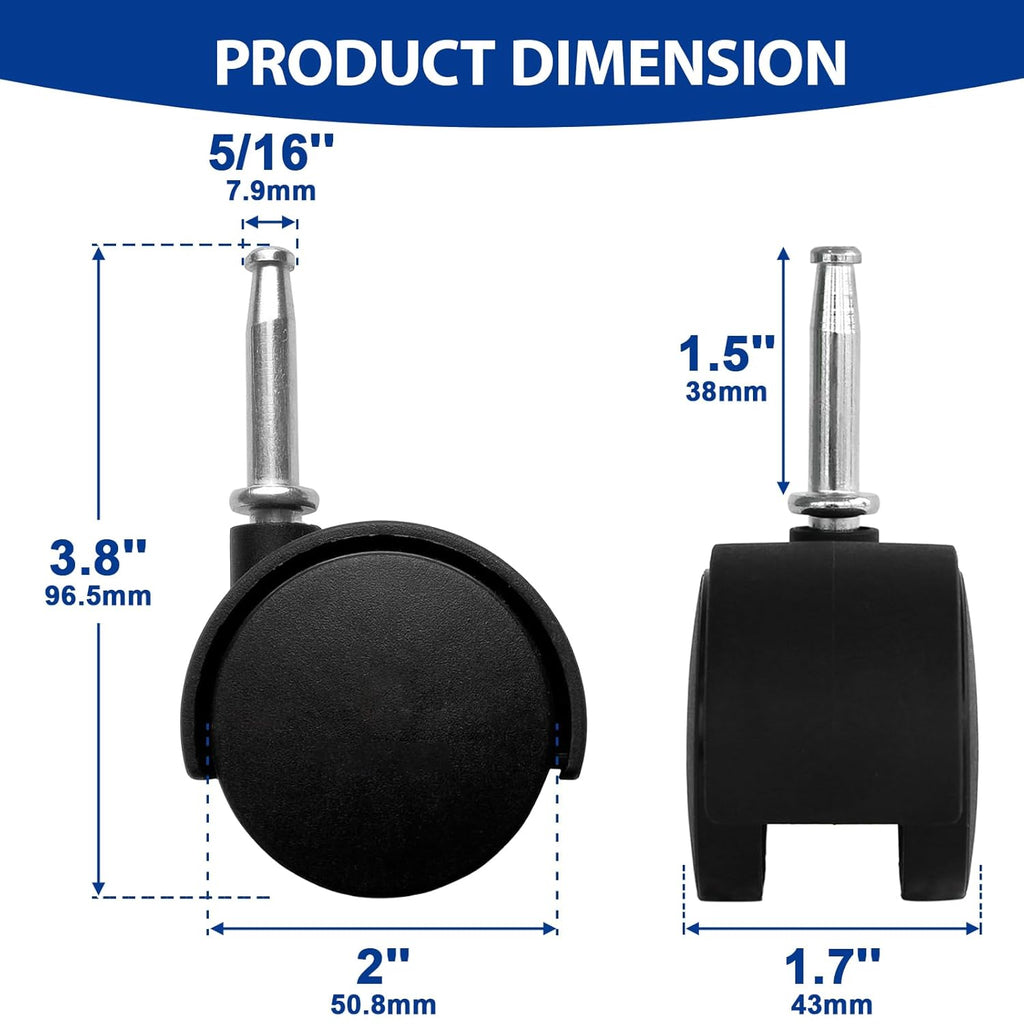 MySit 2-Inch Stem Caster Wheel, Set of 5 with Dual Stem Options (8mm and 5/16-inch)