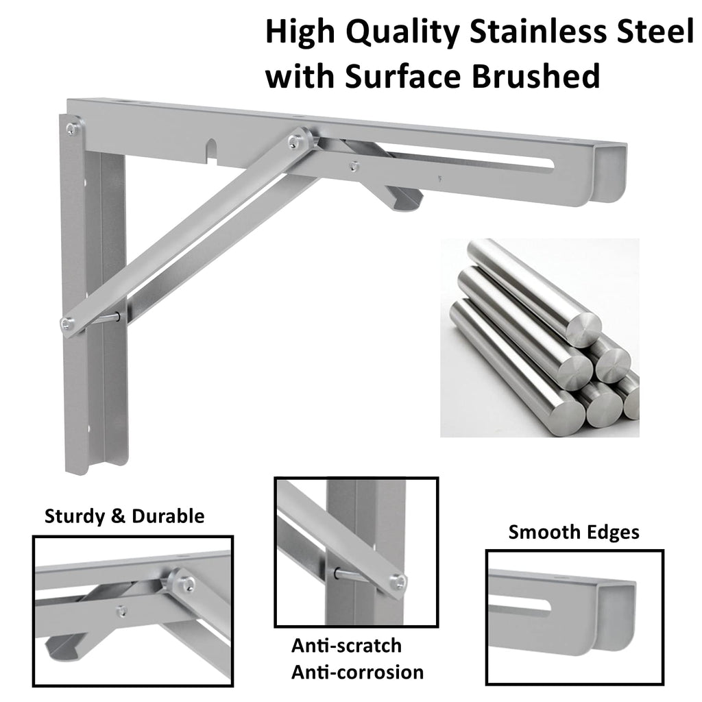 MySit 16-inch Heavy Duty Folding Shelf Brackets 4-Pack, 550lb Load Capacity Stainless Steel Collapsible Wall Mounted Table Bracket for Space Saving Storage & DIY Projects