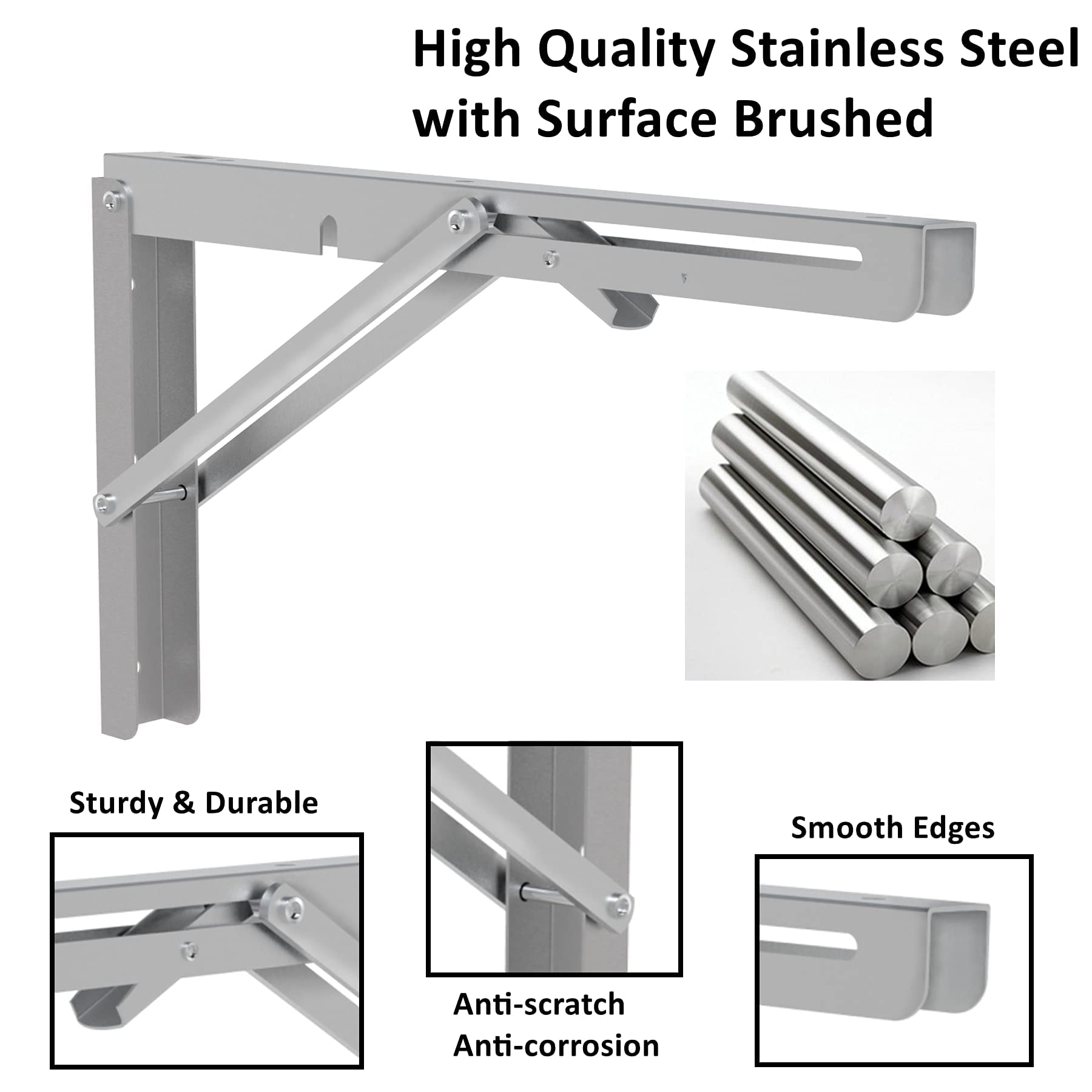 MySit 16-inch Heavy Duty Folding Shelf Brackets 4-Pack, 550lb Load Capacity Stainless Steel Collapsible Wall Mounted Table Bracket for Space Saving Storage & DIY Projects