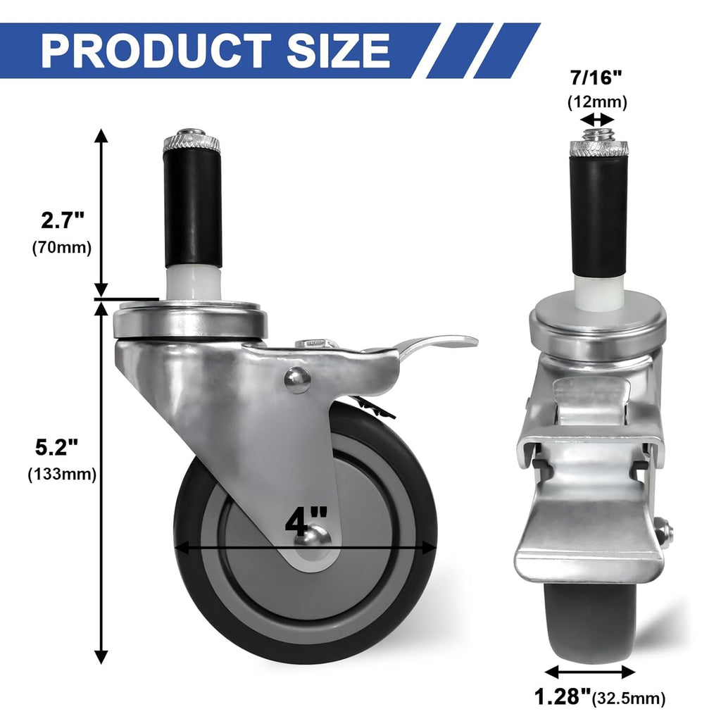 MySit 5-Inch Heavy-Duty Expanding Stem Caster Wheel with Side Lock Brake, Set of 4