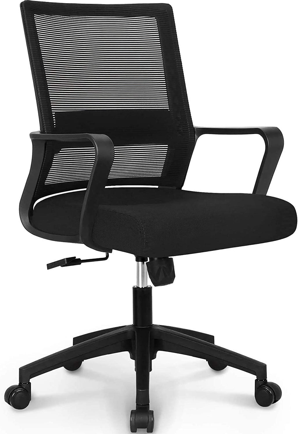 Person sitting comfortably in an office chair after installing the MySit short-stroke gas lift