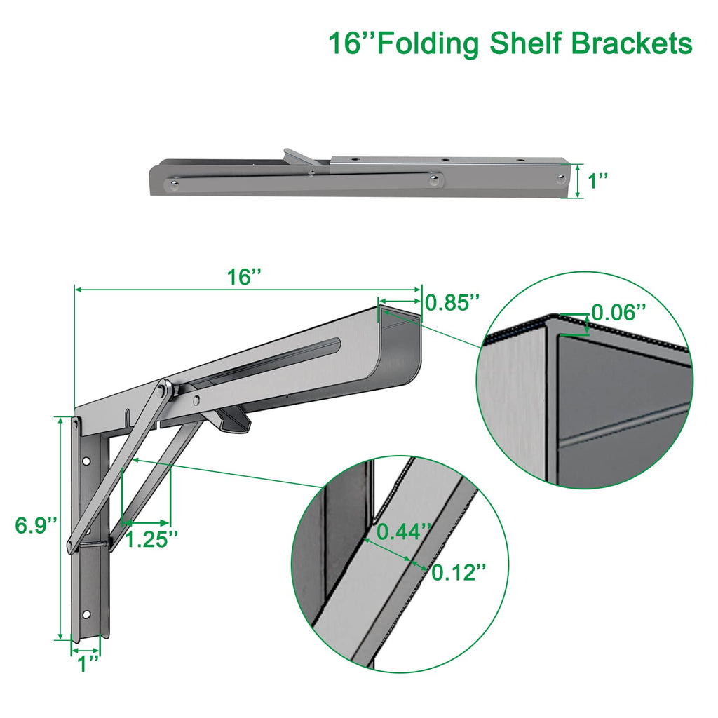 MySit 16-inch Heavy Duty Folding Shelf Brackets 4-Pack, 550lb Load Capacity Stainless Steel Collapsible Wall Mounted Table Bracket for Space Saving Storage & DIY Projects