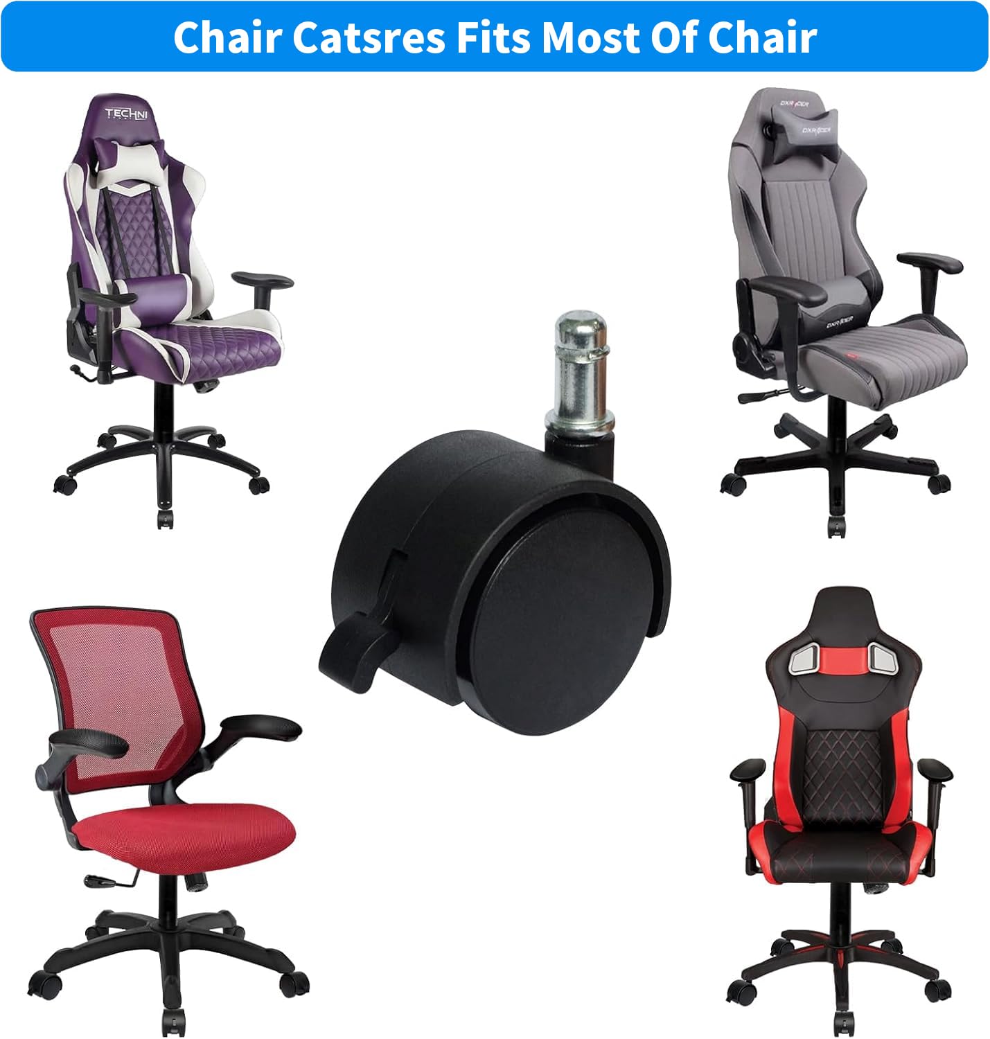 MySit 2" Replacement Office Chair or Stool Caster Wheels - with Brake (Set of 5)