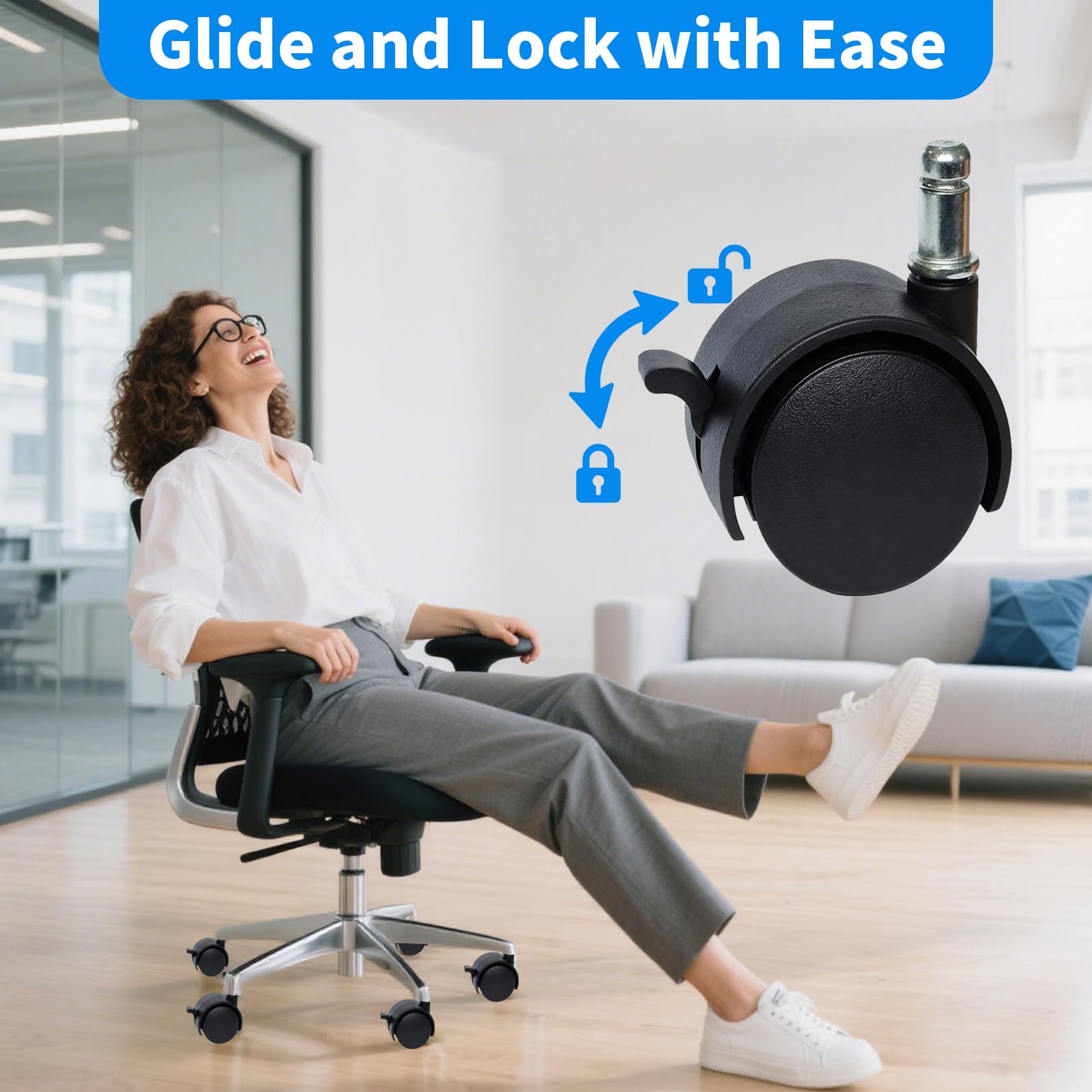 MySit 2" Replacement Office Chair or Stool Caster Wheels - with Brake (Set of 5)