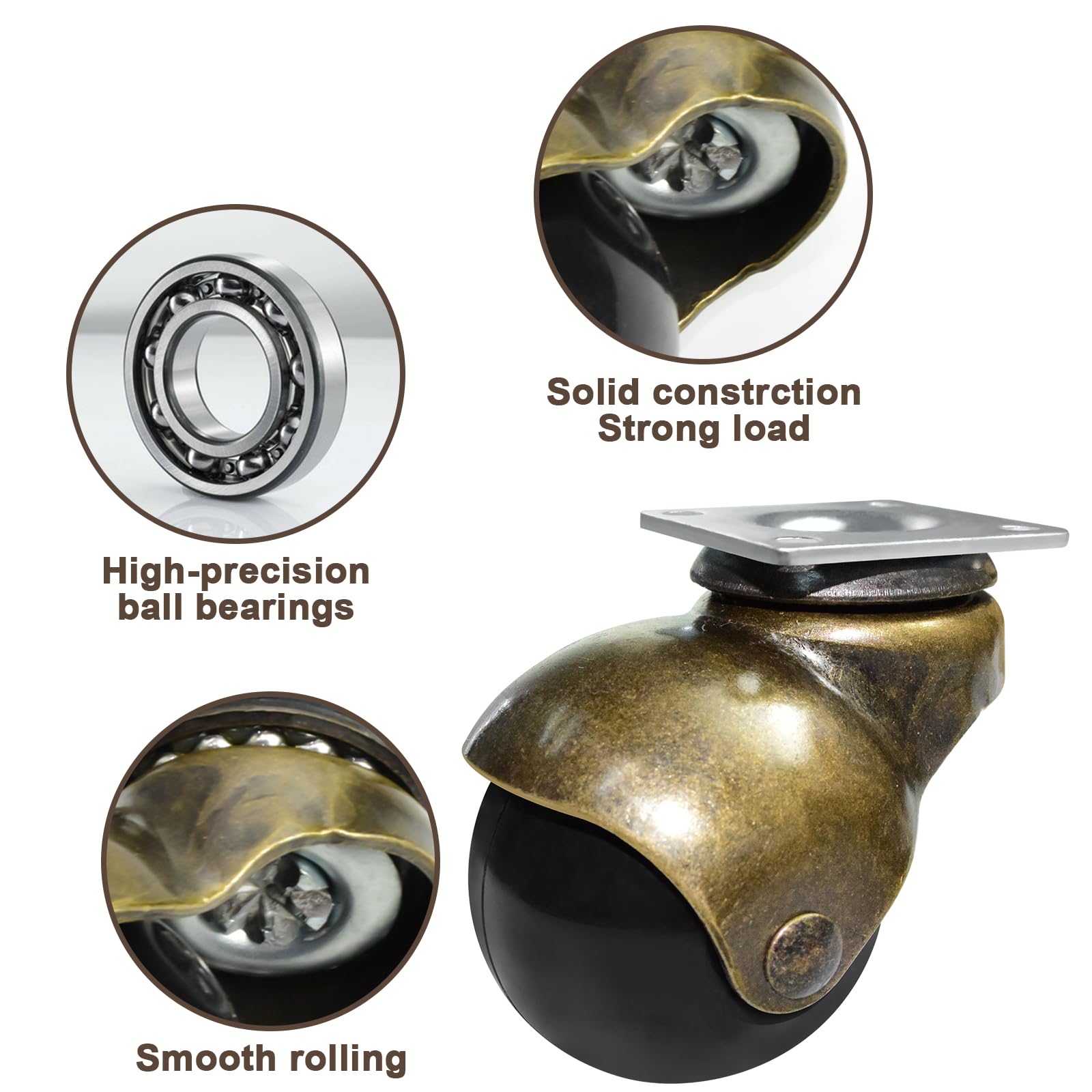MySit 2 Inch Vintage Brass Caster Wheels - Set of 4 or 8 with Swivel Top Plate & TPR Rollers | Heavy-Duty Ball Casters for Coffee Table, Cabinet, Kitchen Cart & Furniture Leg