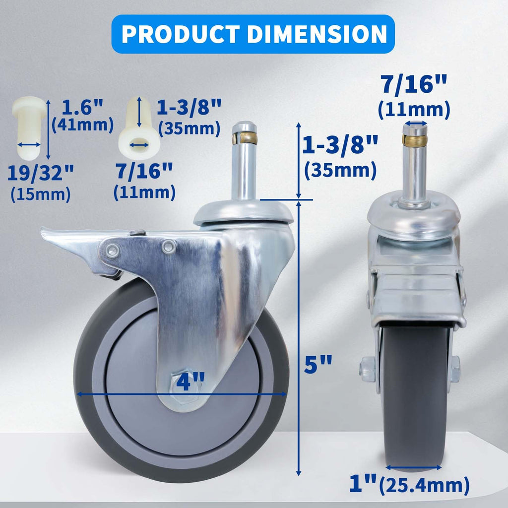 MySit 3-Inch and 4-Inch TPR Replacement Caster Wheel with Locking Brake and Standard Stem