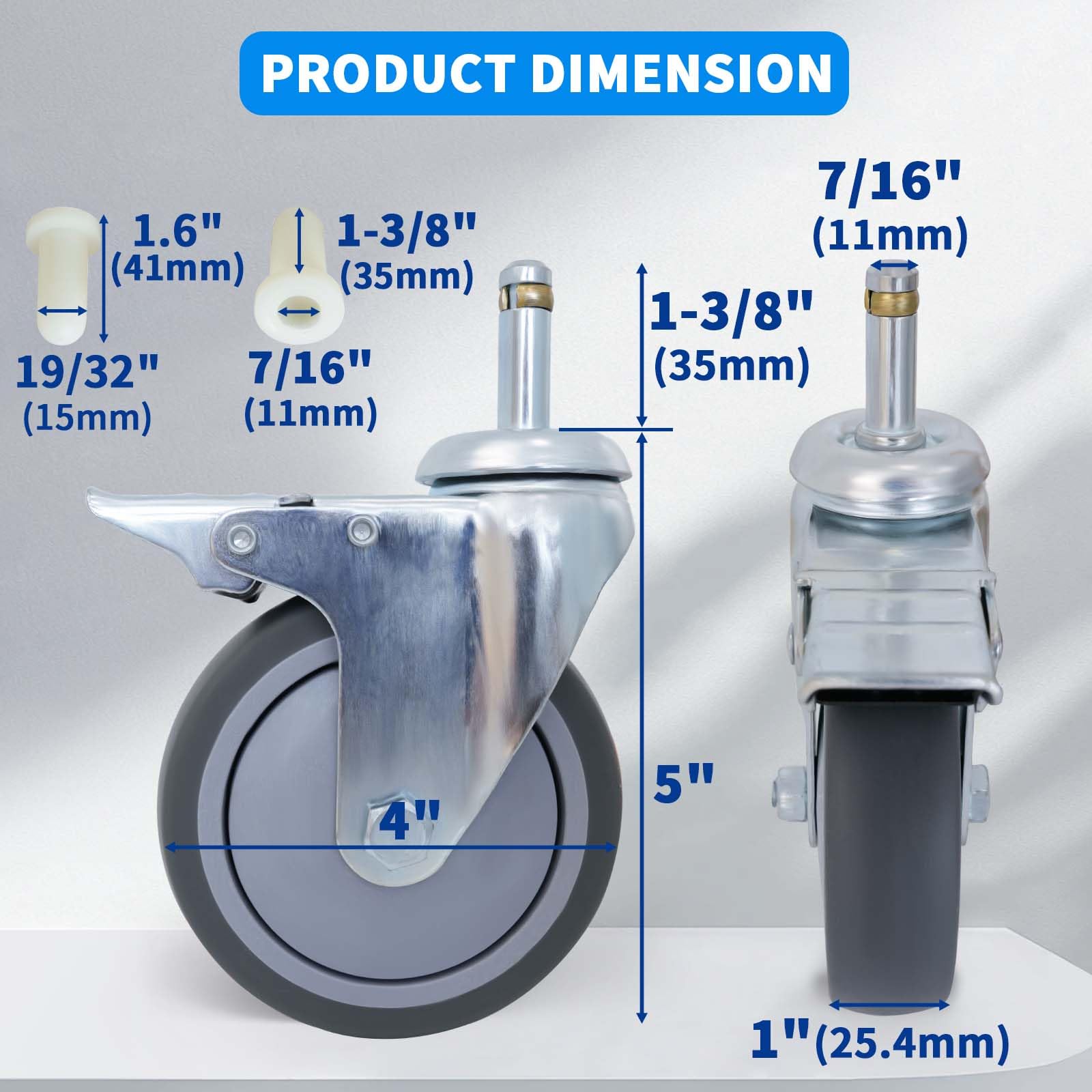 MySit 3-Inch and 4-Inch TPR Replacement Caster Wheel with Locking Brake and Standard Stem