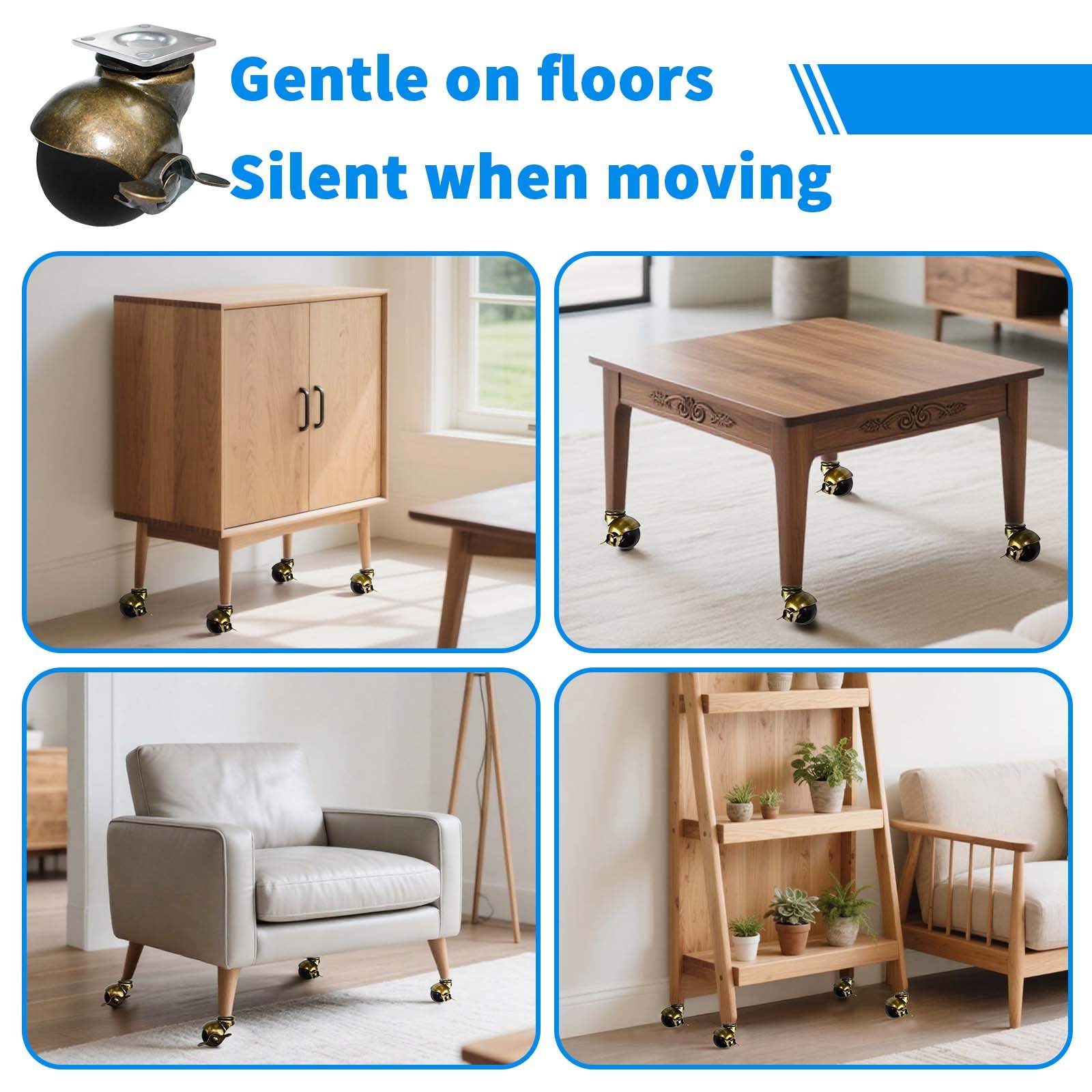 MySit Vintage Style 2" Brass Ball Casters with Locking Brake | Set of 4 Heavy-Duty Swivel Plate Casters for Kitchen Cart, Coffee Table & Furniture Legs