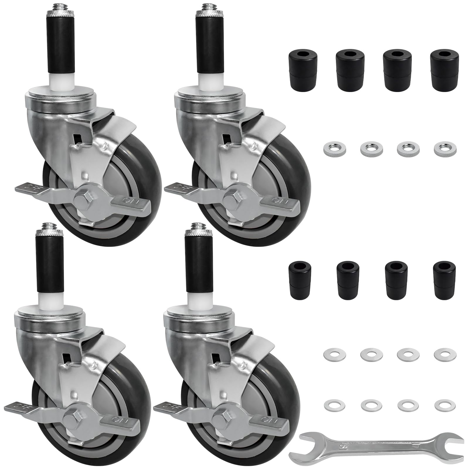 MySit 5-Inch Heavy-Duty Expanding Stem Caster Wheel with Side Lock Brake, Set of 4