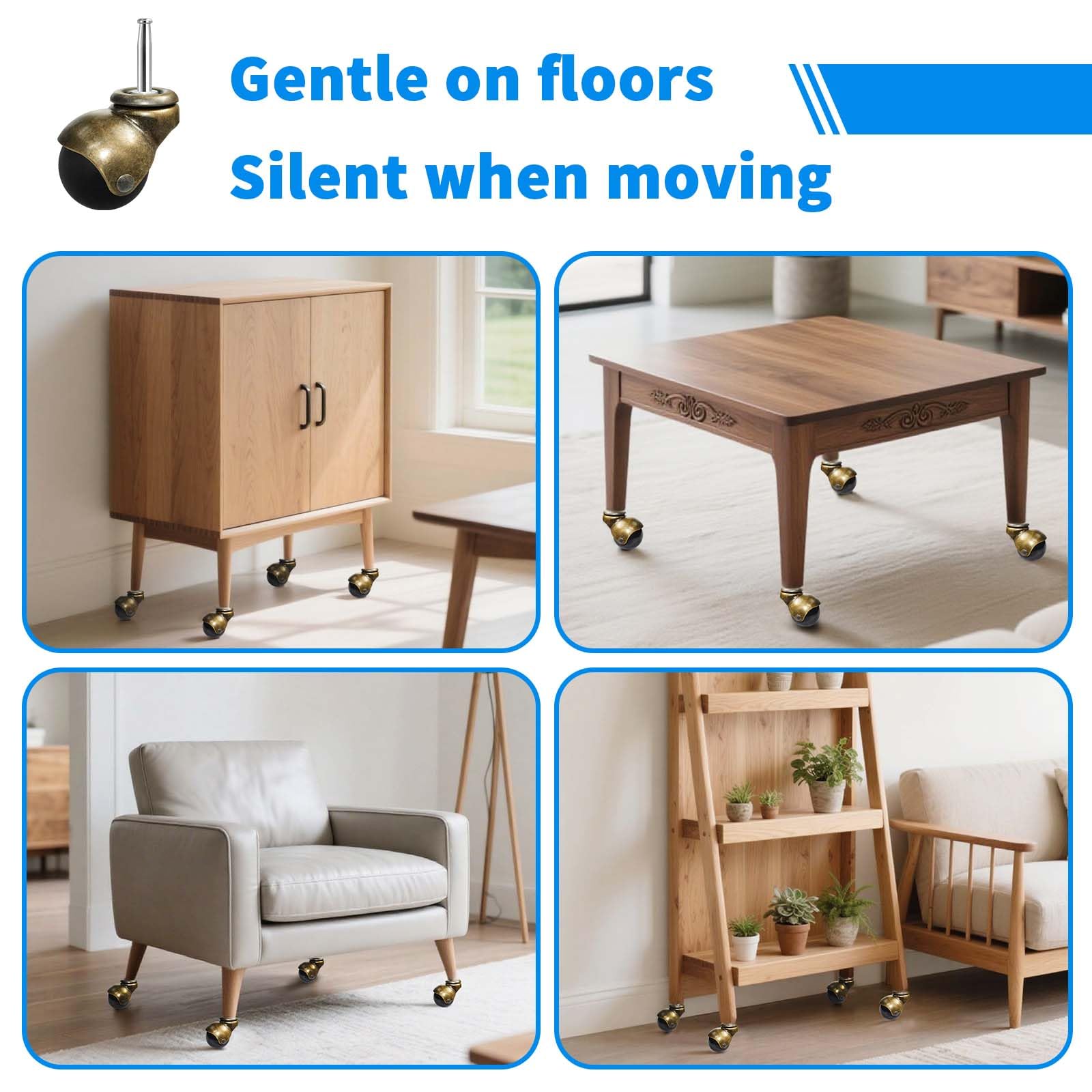 MySit 2 Inch Brass Ball Casters - Heavy-Duty Furniture Caster Wheels with Sockets (Set of 4 or 8) for Sofa, Chair, Cabinet & DIY Projects