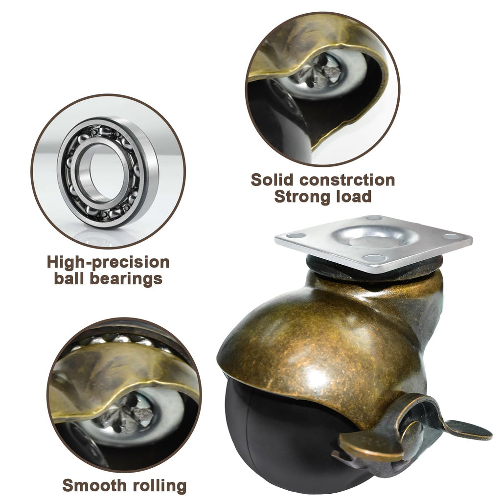 MySit Vintage Style 2" Brass Ball Casters with Locking Brake | Set of 4 Heavy-Duty Swivel Plate Casters for Kitchen Cart, Coffee Table & Furniture Legs