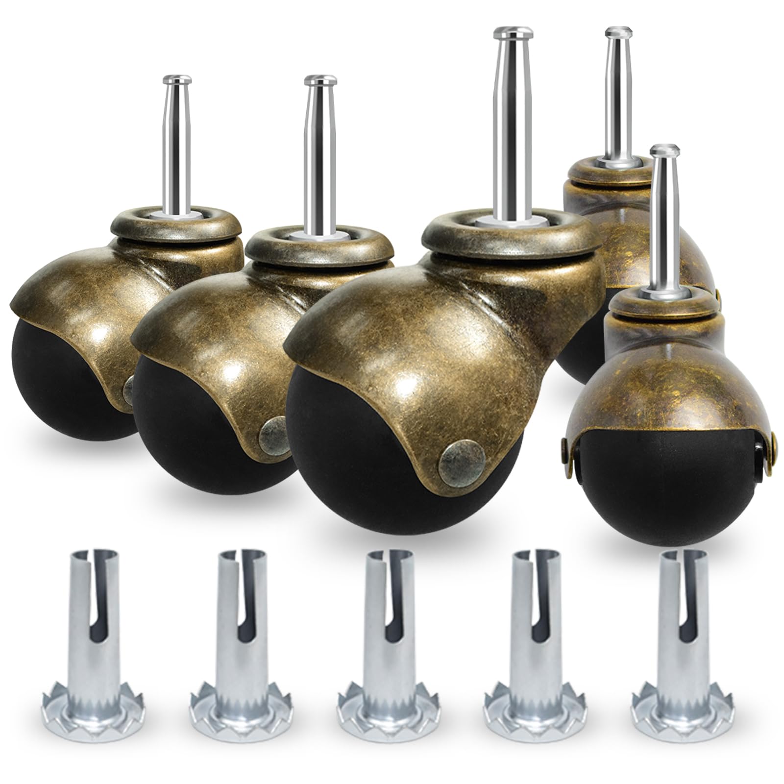 MySit 2 Inch Brass Ball Casters - Heavy-Duty Furniture Caster Wheels with Sockets (Set of 4 or 8) for Sofa, Chair, Cabinet & DIY Projects