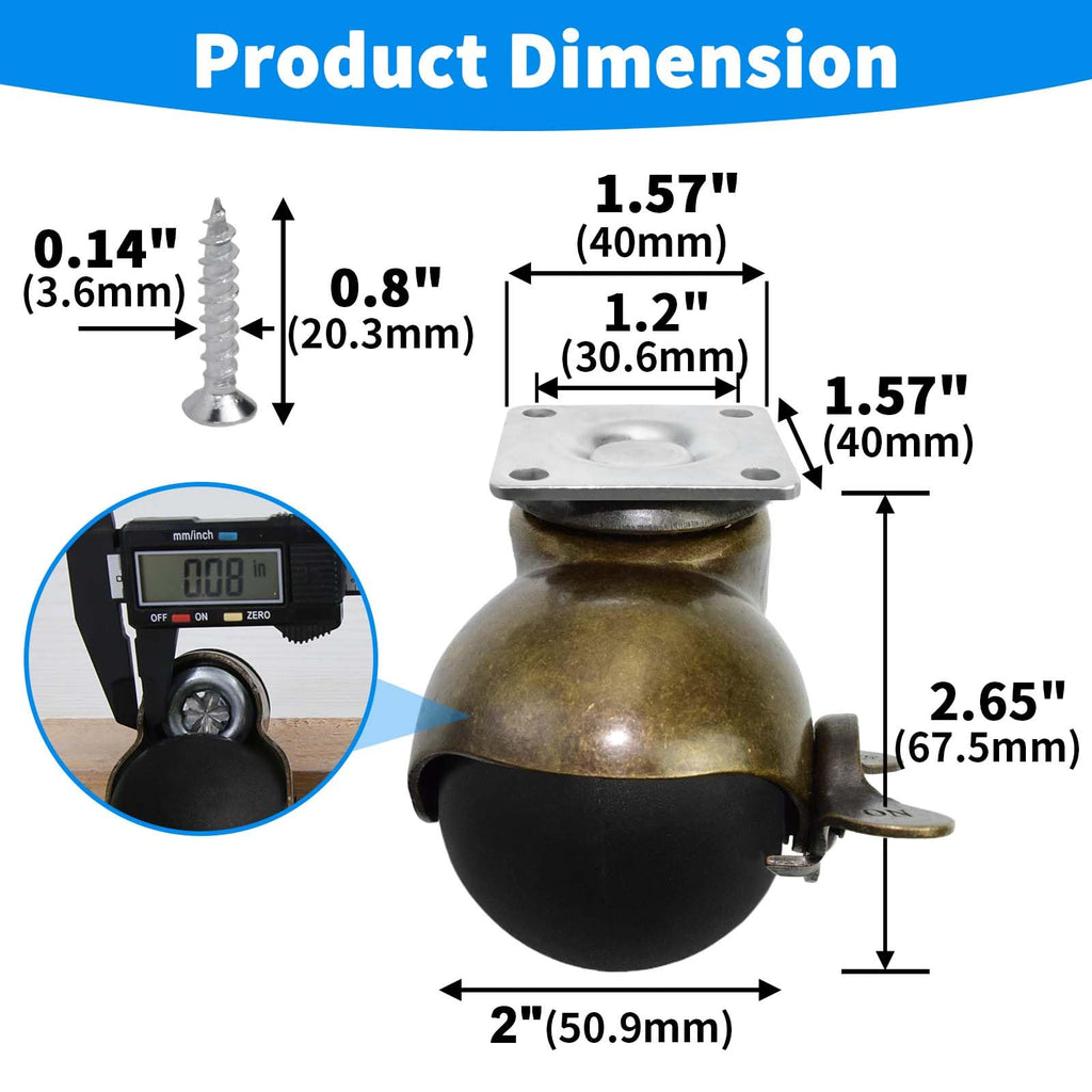 MySit Vintage Style 2" Brass Ball Casters with Locking Brake | Set of 4 Heavy-Duty Swivel Plate Casters for Kitchen Cart, Coffee Table & Furniture Legs