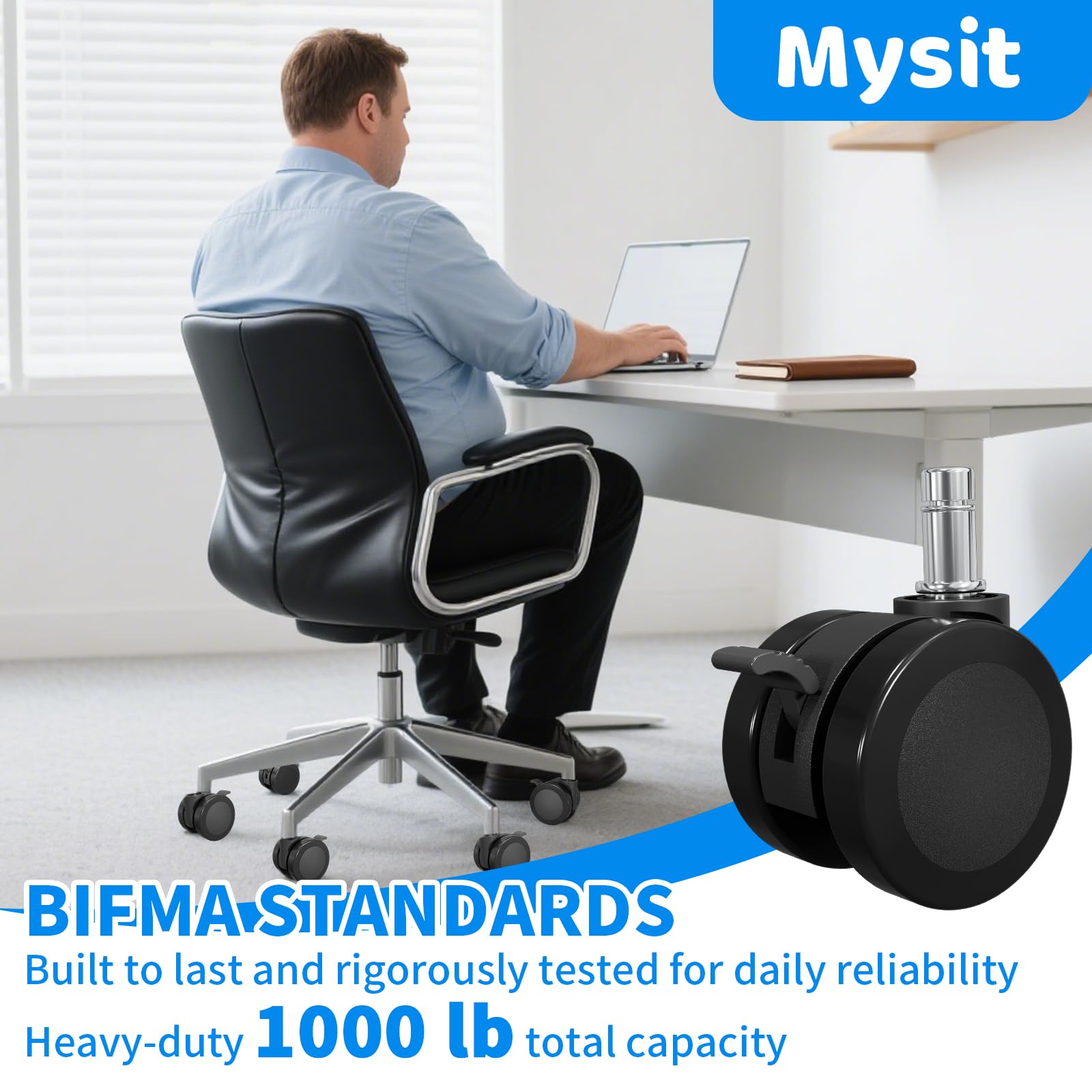 MySit Universal 10x22mm Office Chair Wheels - Set of 5 Mute PU Casters for Hardwood Floors, Heavy-Duty Replacement with Easy Installation