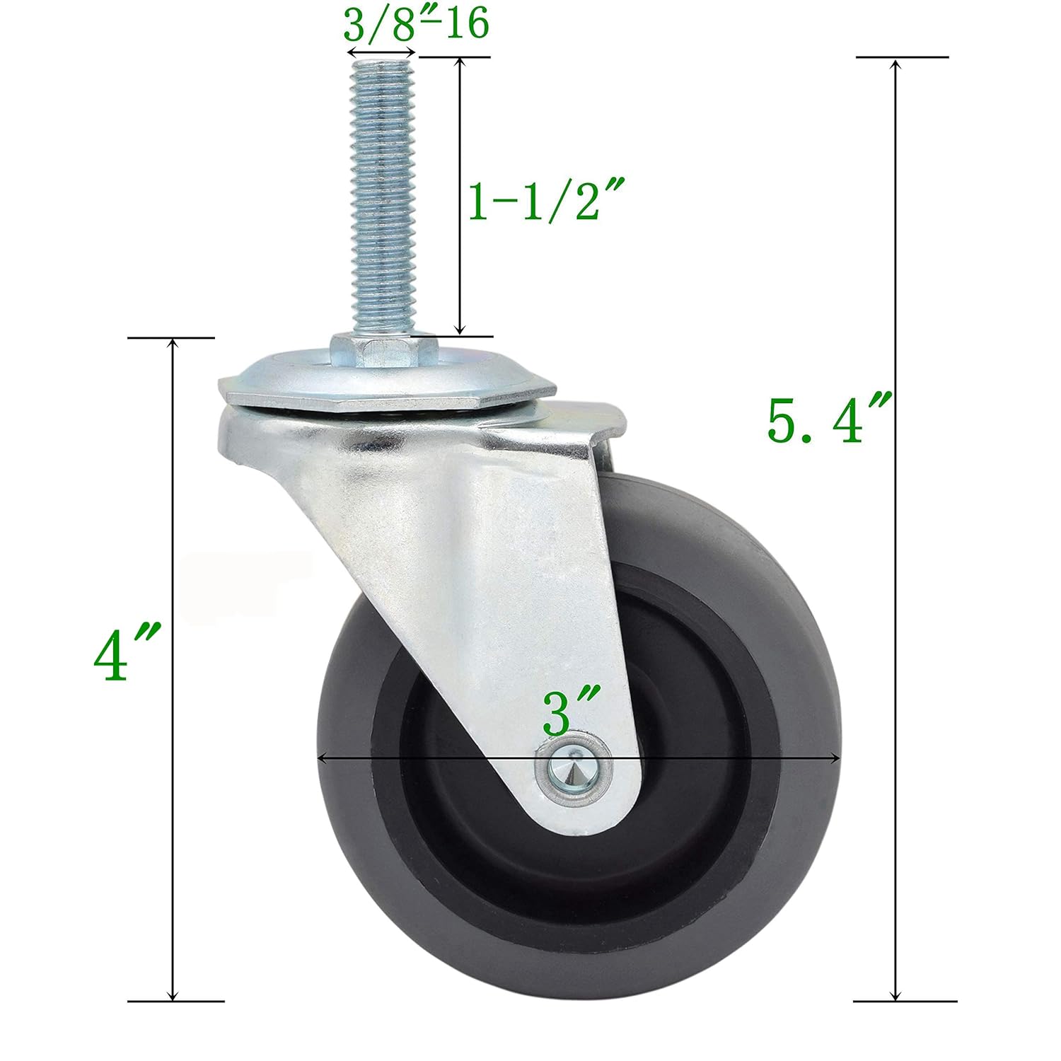 MySit 3-Inch Heavy-Duty Threaded Stem Caster Wheel with 3/8"-16 x 1-1/2" Stem