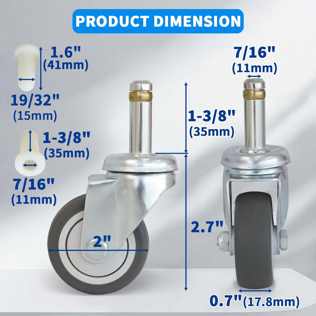 MySit 2/3/4-Inch Replacement Caster Wheel | 7/16" x 1-3/8" Stem | Fits Rubbermaid, Weber, Shop-Vac | Pack of 4