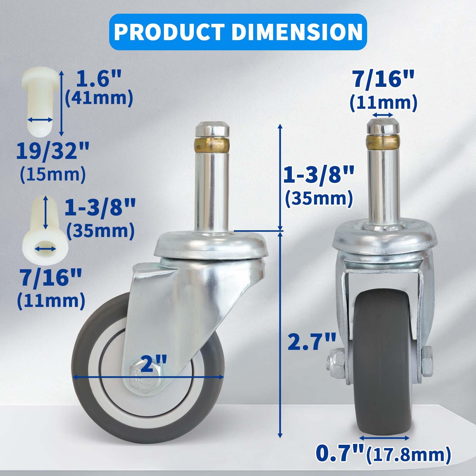 MySit 2/3/4-Inch Replacement Caster Wheel | 7/16" x 1-3/8" Stem | Fits Rubbermaid, Weber, Shop-Vac | Pack of 4