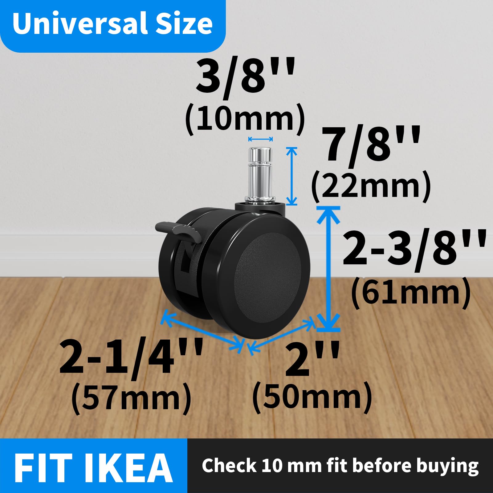 MySit Universal 10x22mm Office Chair Wheels - Set of 5 Mute PU Casters for Hardwood Floors, Heavy-Duty Replacement with Easy Installation