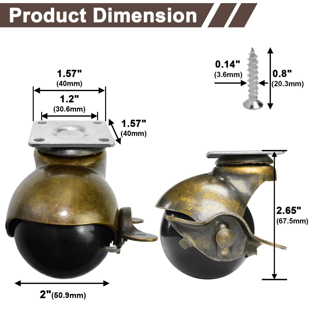 MySit Vintage Style 2" Brass Ball Casters with Locking Brake | Set of 4 Heavy-Duty Swivel Plate Casters for Kitchen Cart, Coffee Table & Furniture Legs