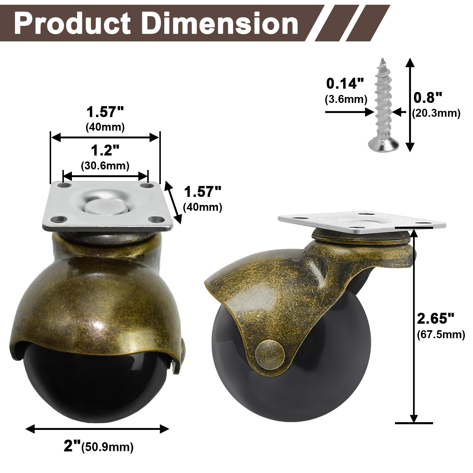 MySit 2 Inch Vintage Brass Caster Wheels - Set of 4 or 8 with Swivel Top Plate & TPR Rollers | Heavy-Duty Ball Casters for Coffee Table, Cabinet, Kitchen Cart & Furniture Leg