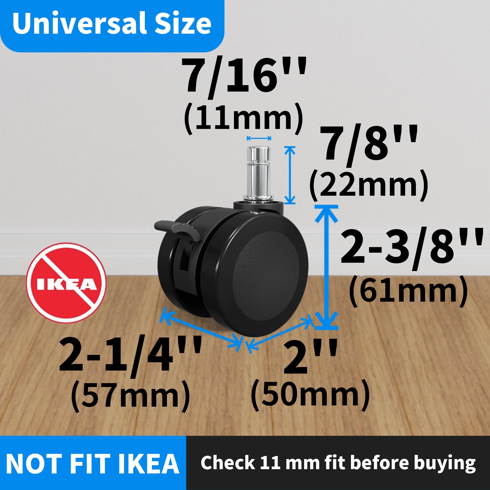 MySit Universal 11x22mm Office Chair Wheels | Set of 5 Heavy-Duty Casters with Brake