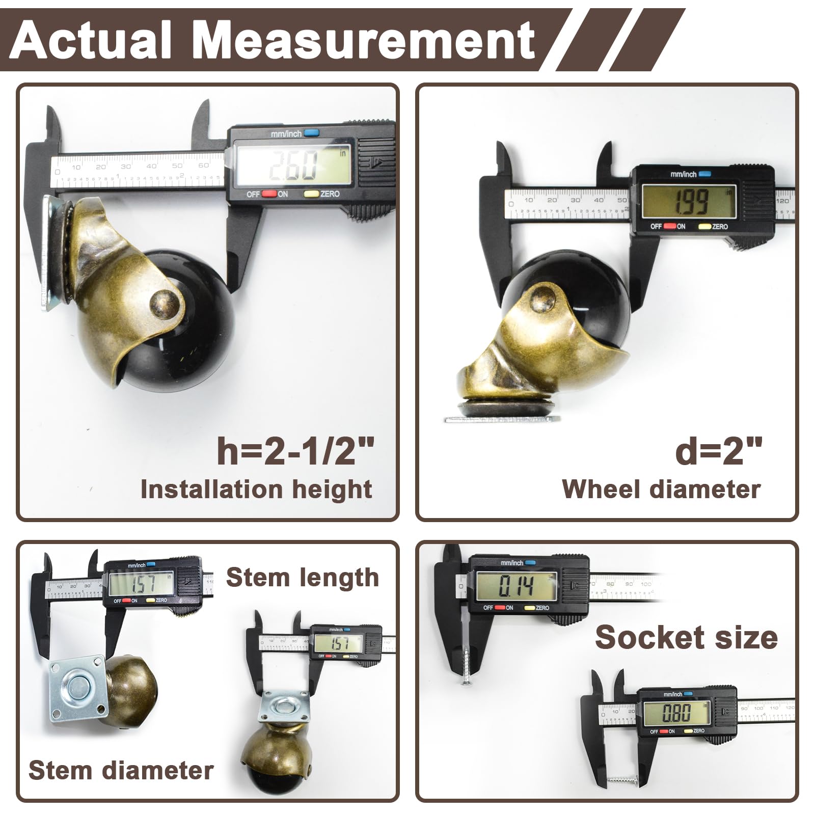 MySit 2 Inch Vintage Brass Caster Wheels - Set of 4 or 8 with Swivel Top Plate & TPR Rollers | Heavy-Duty Ball Casters for Coffee Table, Cabinet, Kitchen Cart & Furniture Leg