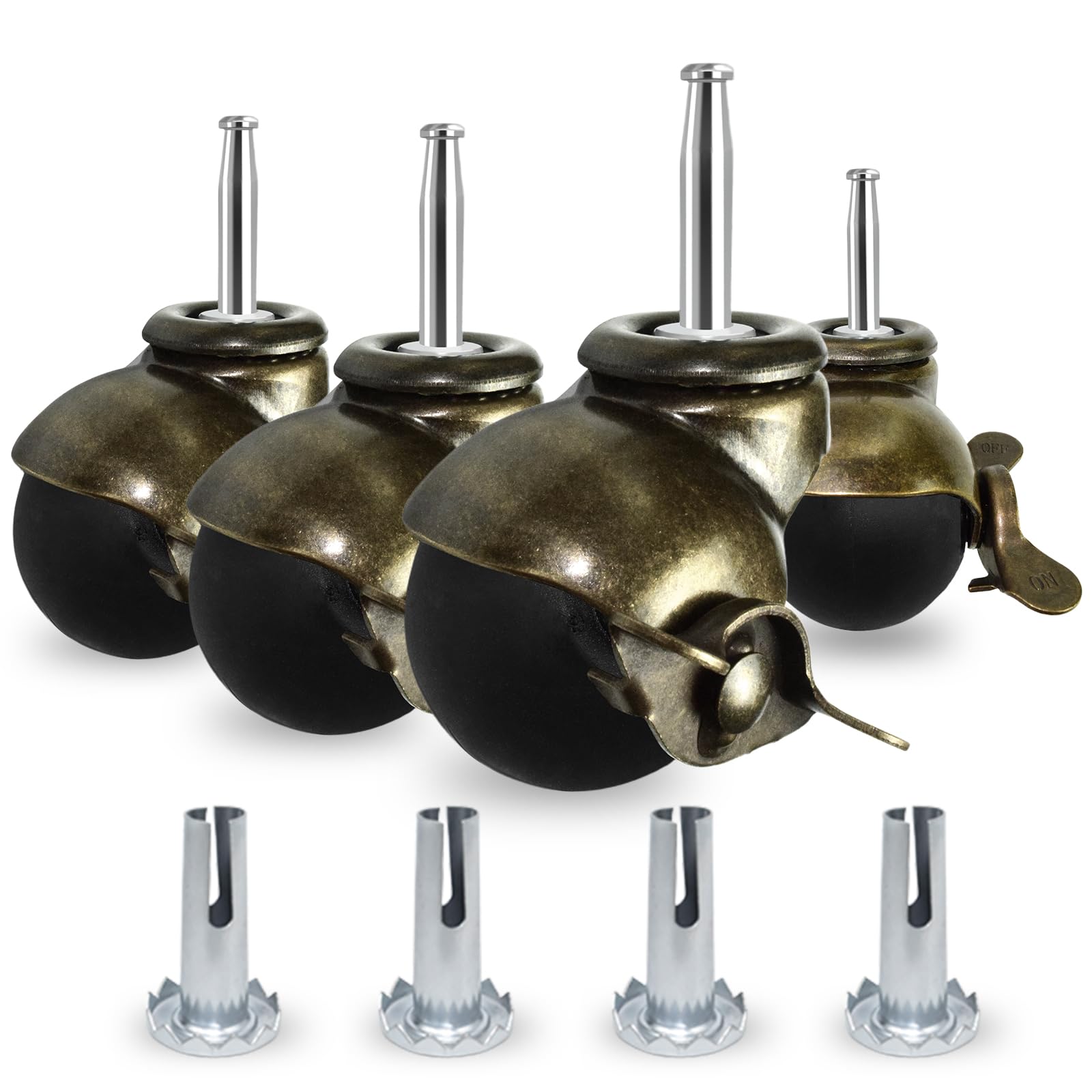 Premium Furniture Casters with Locking Brakes - Set of 4 Heavy-Duty 2" Brass Ball Casters for Sofas, Chairs & Cabinets