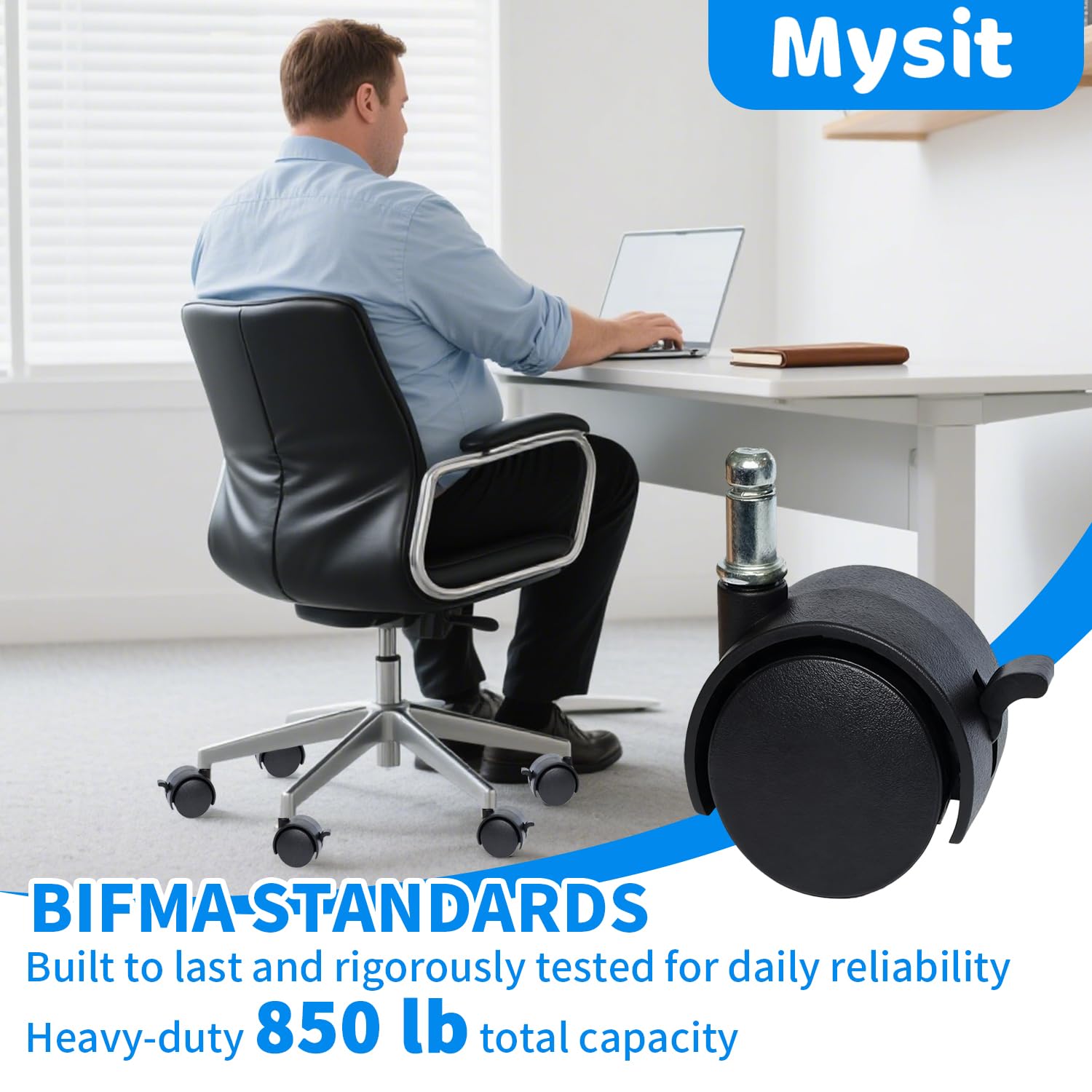 MySit 2" Replacement Office Chair or Stool Caster Wheels - with Brake (Set of 5)