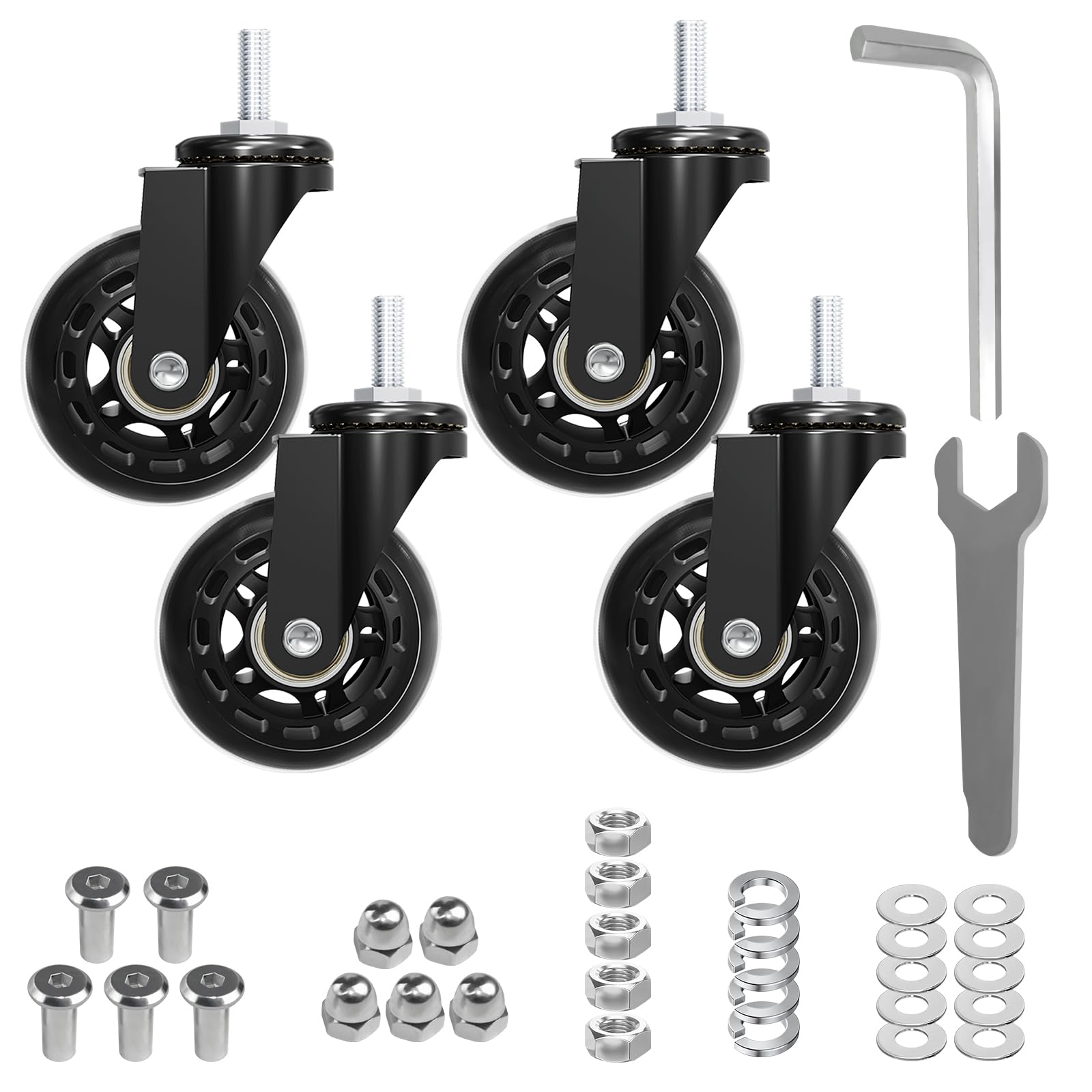 MySit Creeper Caster Wheels Set of 6 Heavy-Duty 2.5 Inch Casters Replacement Roller Blade Rubber 360 Degree No Noise Wheel for Mechanic Stool, Rolling Garage Seat