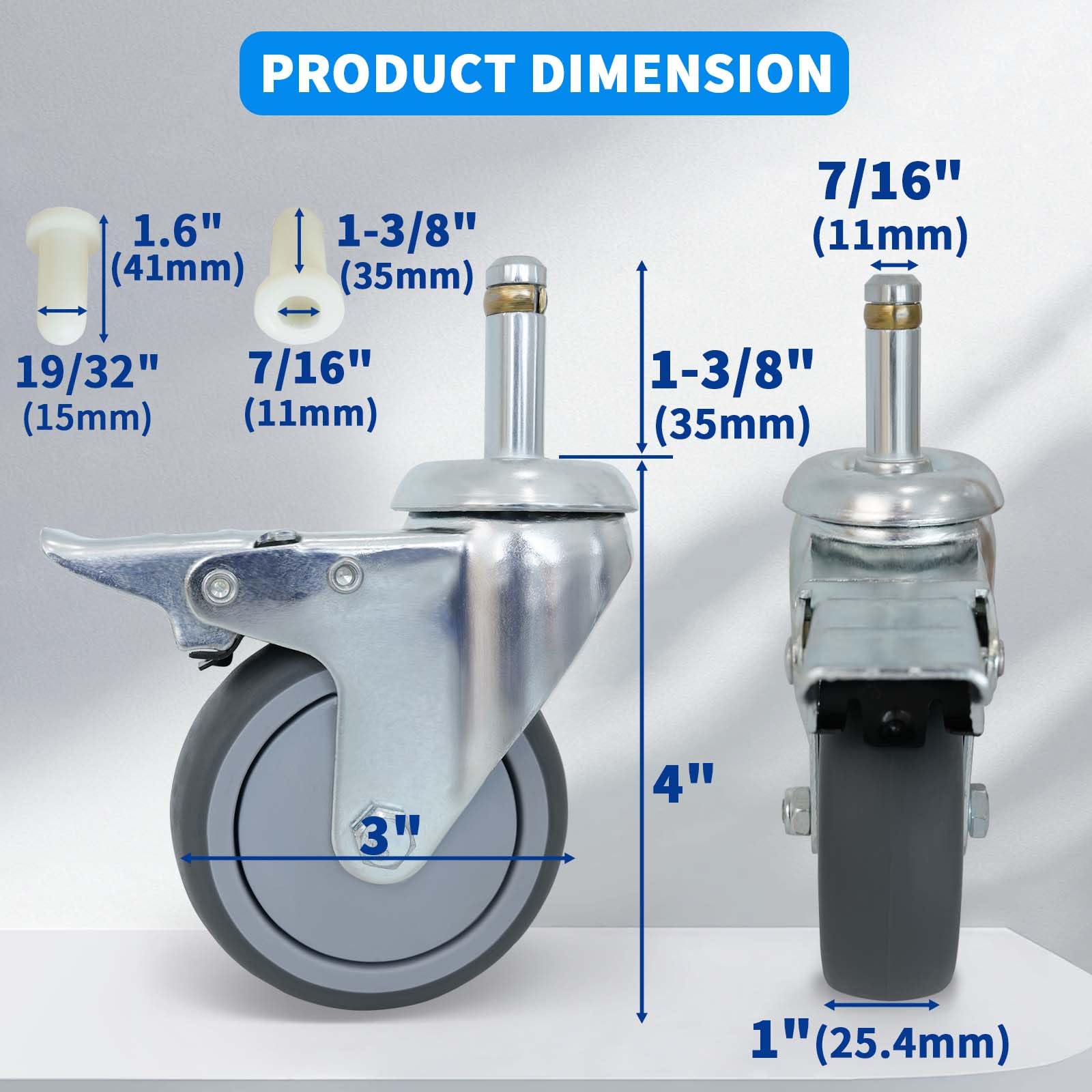 MySit 3-Inch and 4-Inch TPR Replacement Caster Wheel with Locking Brake and Standard Stem