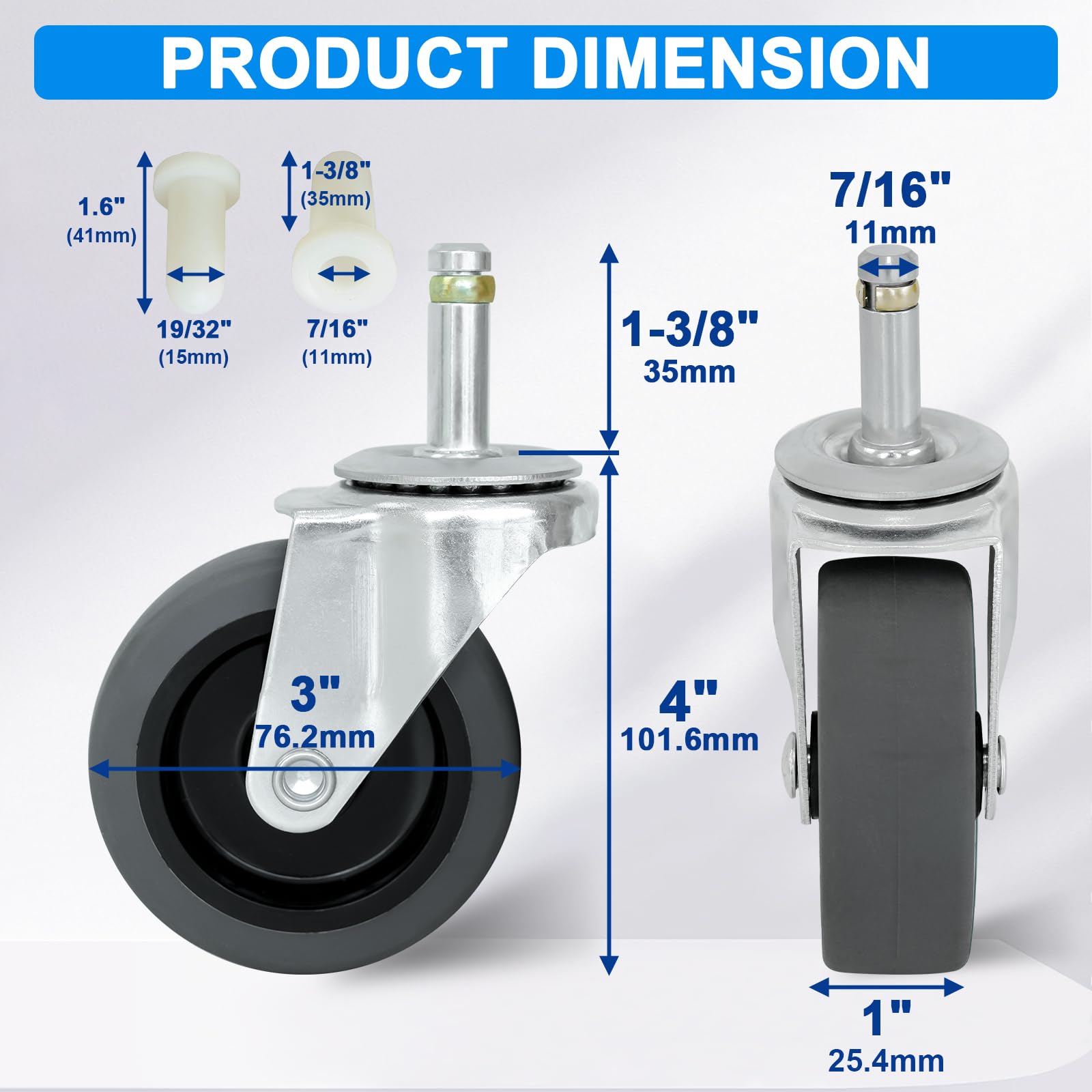 MySit 2/3/4-Inch Replacement Caster Wheel | 7/16" x 1-3/8" Stem | Fits Rubbermaid, Weber, Shop-Vac | Pack of 4