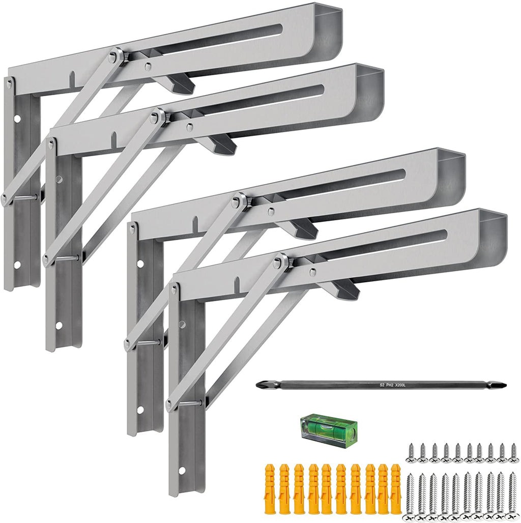 MySit 16-inch Heavy Duty Folding Shelf Brackets 4-Pack, 550lb Load Capacity Stainless Steel Collapsible Wall Mounted Table Bracket for Space Saving Storage & DIY Projects