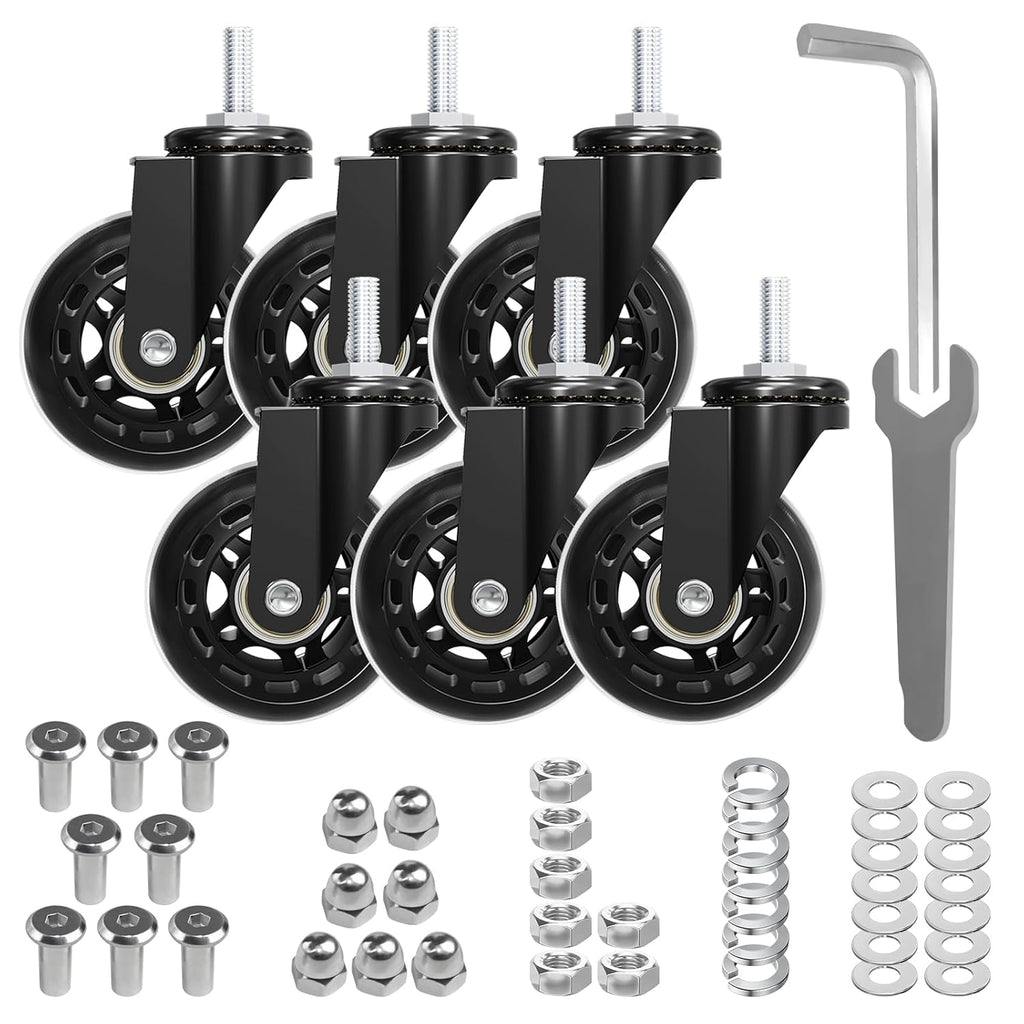 MySit Creeper Caster Wheels Set of 6 Heavy-Duty 2.5 Inch Casters Replacement Roller Blade Rubber 360 Degree No Noise Wheel for Mechanic Stool, Rolling Garage Seat