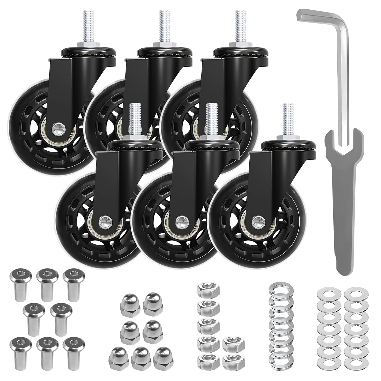 MySit Creeper Caster Wheels Set of 6 Heavy-Duty 2.5 Inch Casters Replacement Roller Blade Rubber 360 Degree No Noise Wheel for Mechanic Stool, Rolling Garage Seat