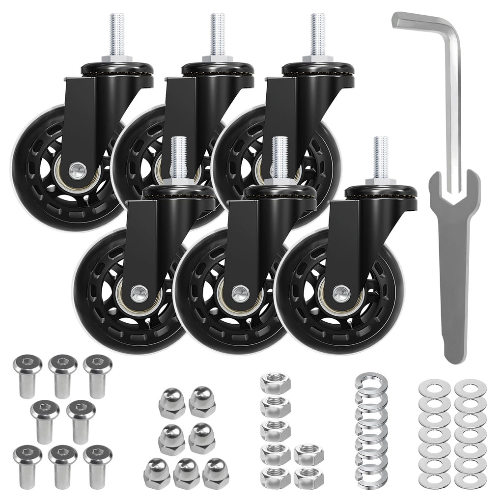 MySit Creeper Caster Wheels Set of 6 Heavy-Duty 2.5 Inch Casters Replacement Roller Blade Rubber 360 Degree No Noise Wheel for Mechanic Stool, Rolling Garage Seat