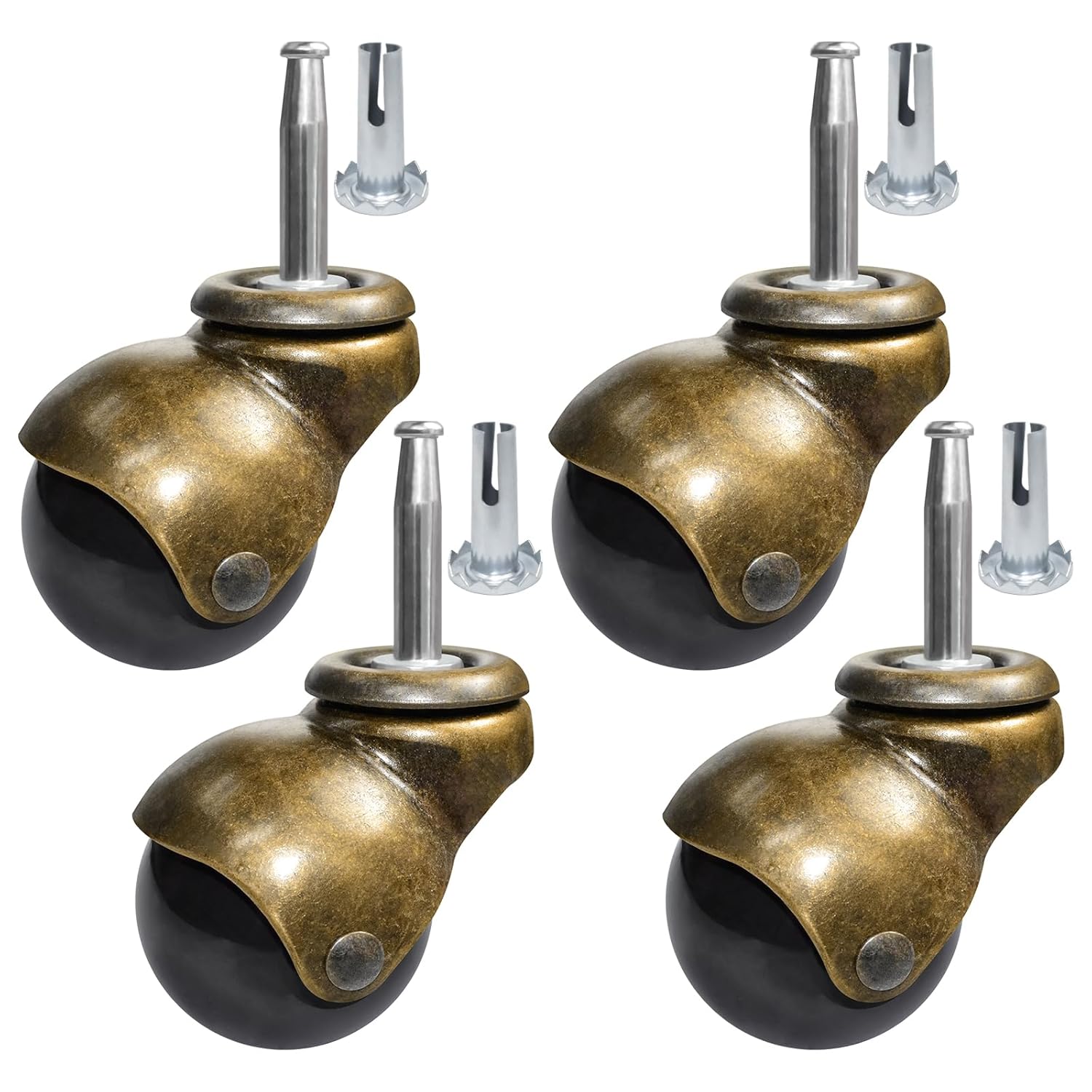 MySit Ball Caster Wheels 2 Inch Brass Vintage Antique Heavy Duty TPR Casters with Grip Neck for Furniture Legs, Cabinet, Sofa 4 Pack