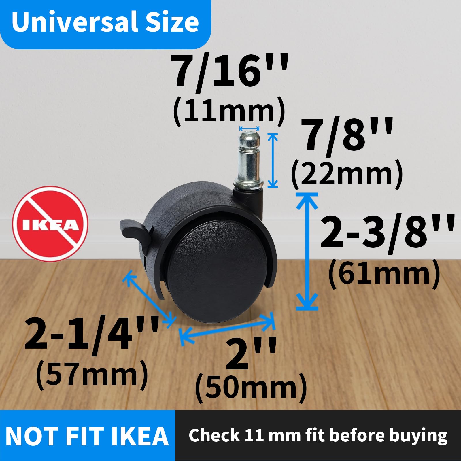 MySit 2" Replacement Office Chair or Stool Caster Wheels - with Brake (Set of 5)