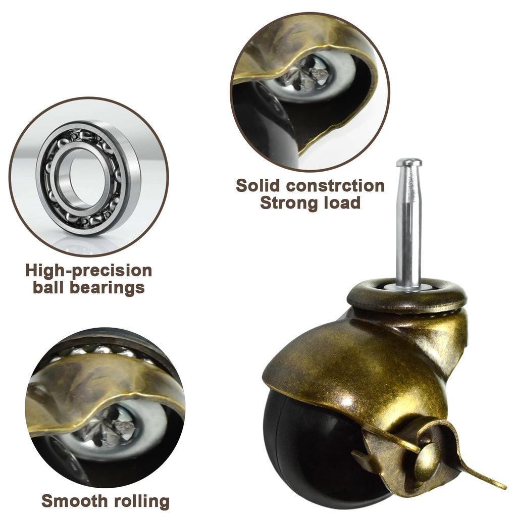 Premium Furniture Casters with Locking Brakes - Set of 4 Heavy-Duty 2" Brass Ball Casters for Sofas, Chairs & Cabinets
