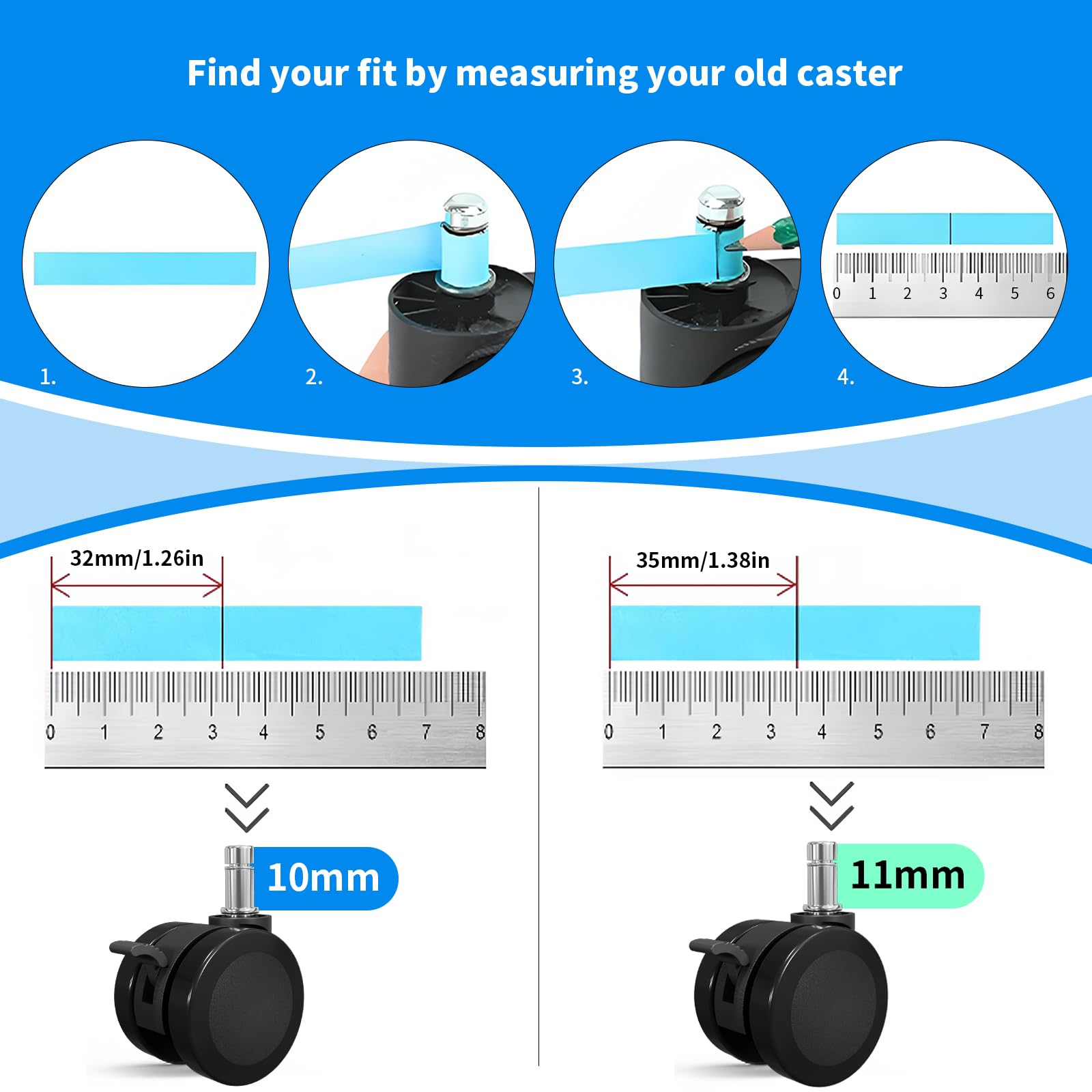 MySit Universal 11x22mm Office Chair Wheels | Set of 5 Heavy-Duty Casters with Brake