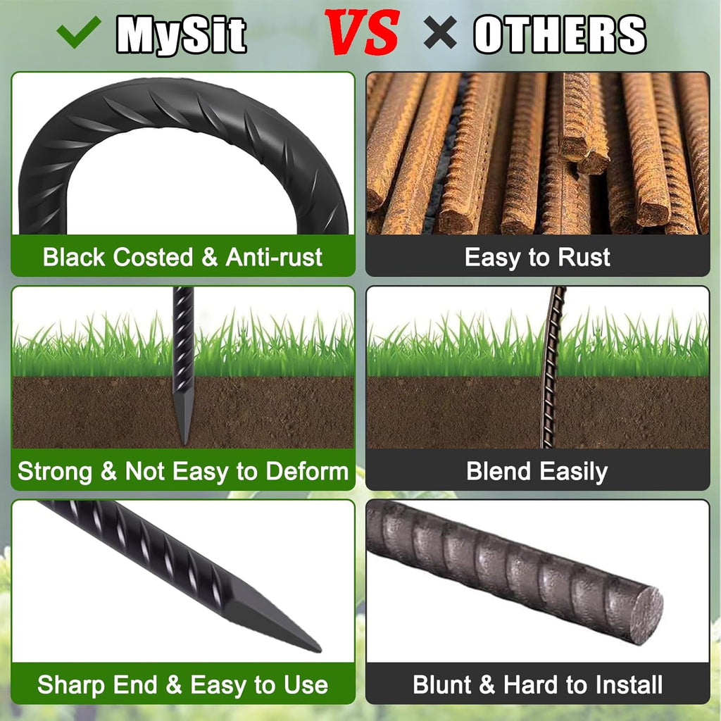 MySit 12 Inches Trampoline Wind Stakes Set of 8 Heavy Duty U Stakes Ground Tie Down Anchor Kit for Camping Tents, Swing Set and Soccer Goal Galvanized Steel Anchors Black